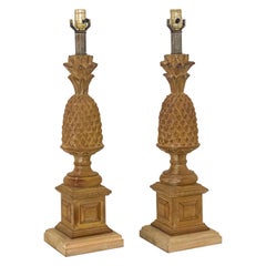 Retro Mid-Century Regency Style Carved & Cerused Pineapple Table Lamps, Pair
