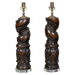 19th Century Italian Carved Walnut Solomonic Columns Made into Us-Wired Lamps
