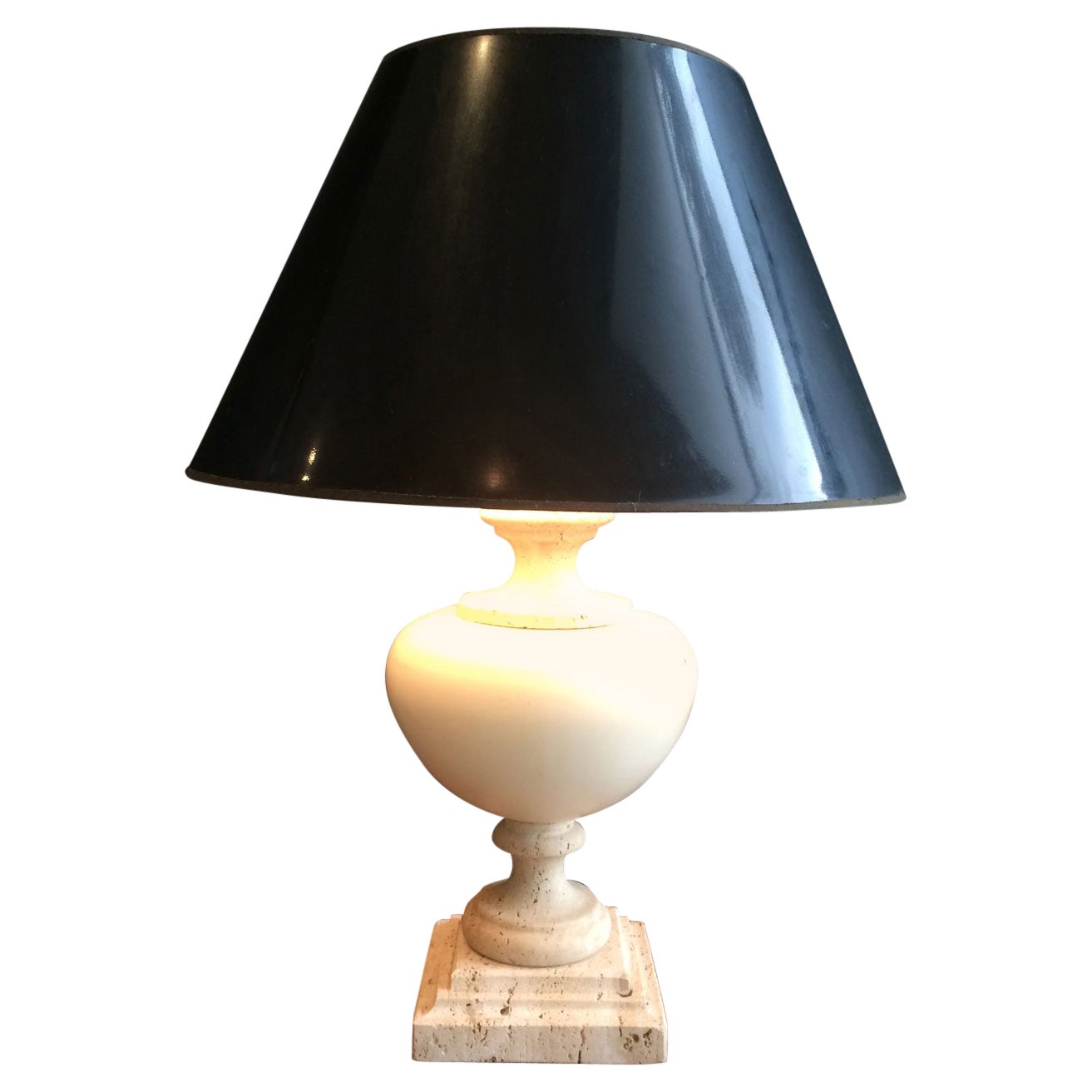Ceramic Table Lamp on a Travertine Base, French Work, Circa 1970 For Sale