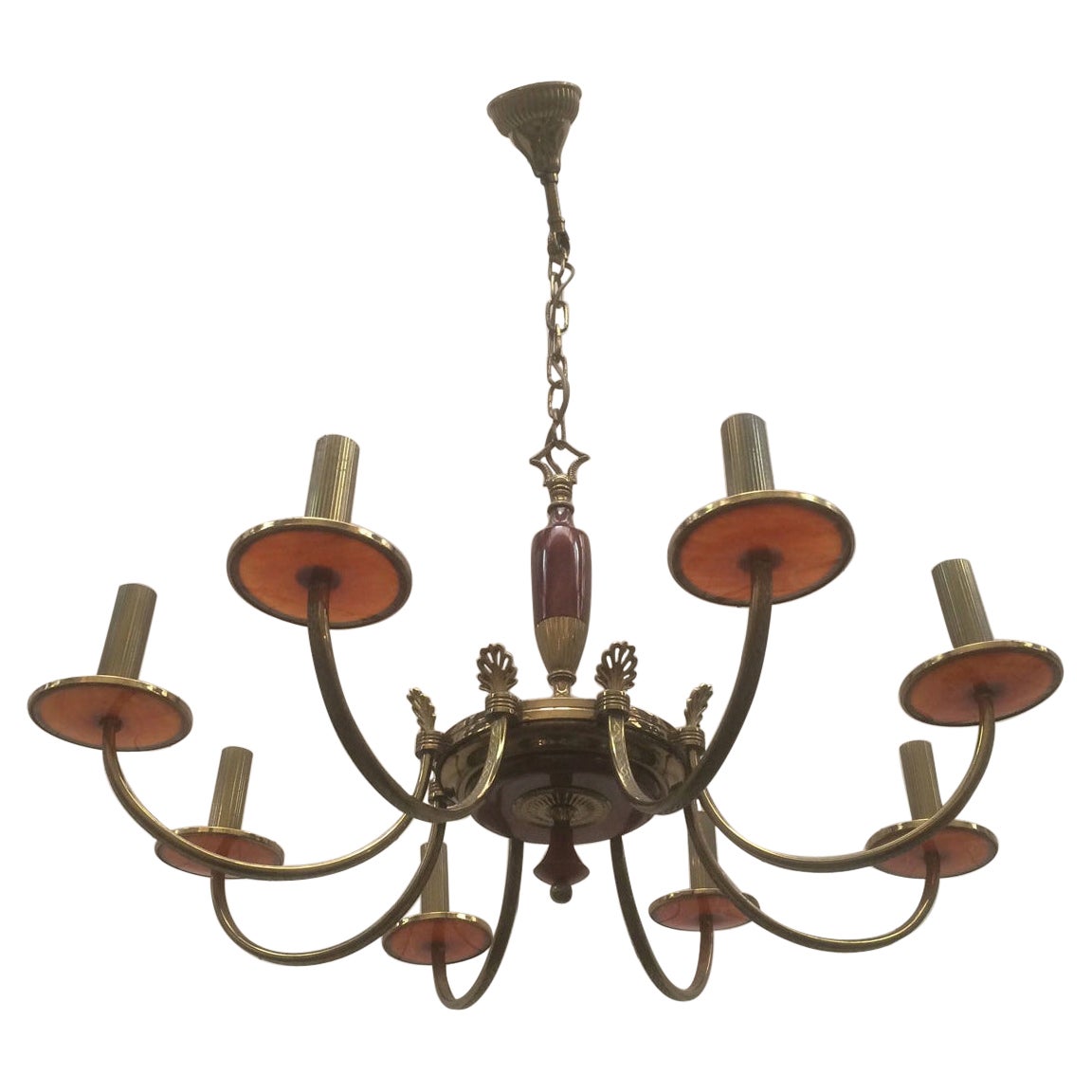 Brass and Red Lucite Chandelier, French, Circa 1940 For Sale