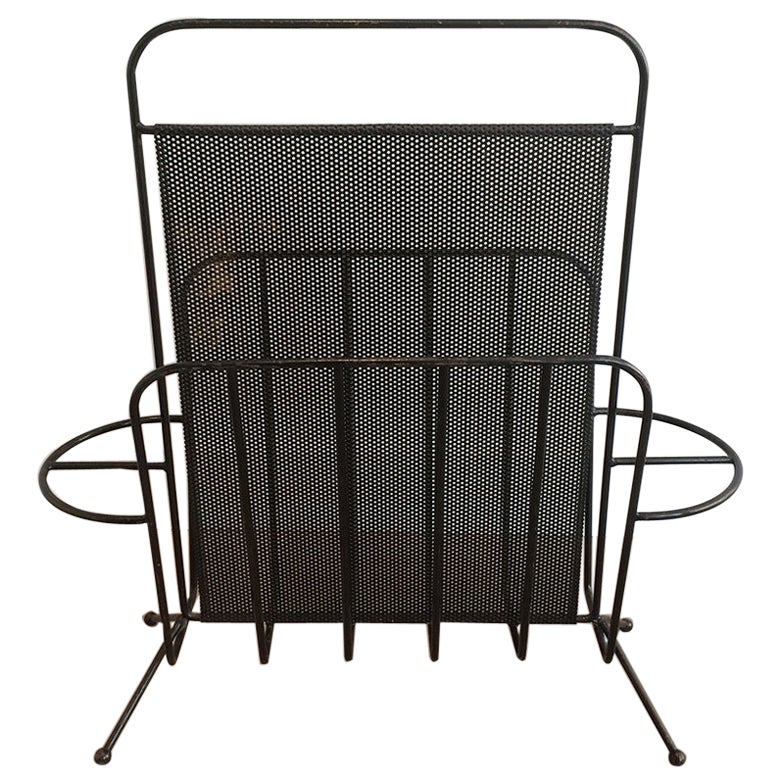 Perforated Sheet Black Lacquerd Magazine Rack, French by Mathieu Matégot For Sale