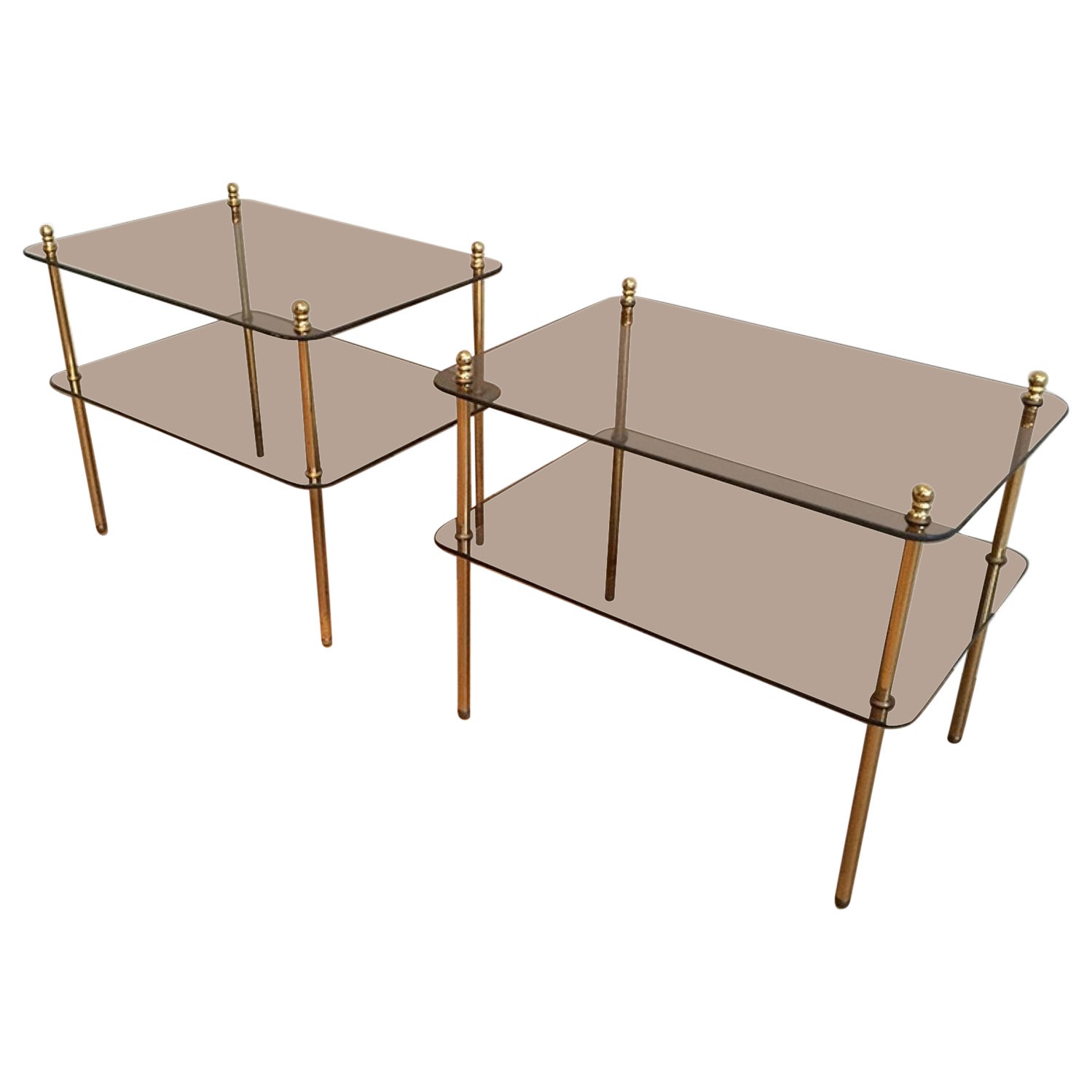 Pair of Brass and Smoked Glass Side Tables, French Work, Circa 1970 For Sale