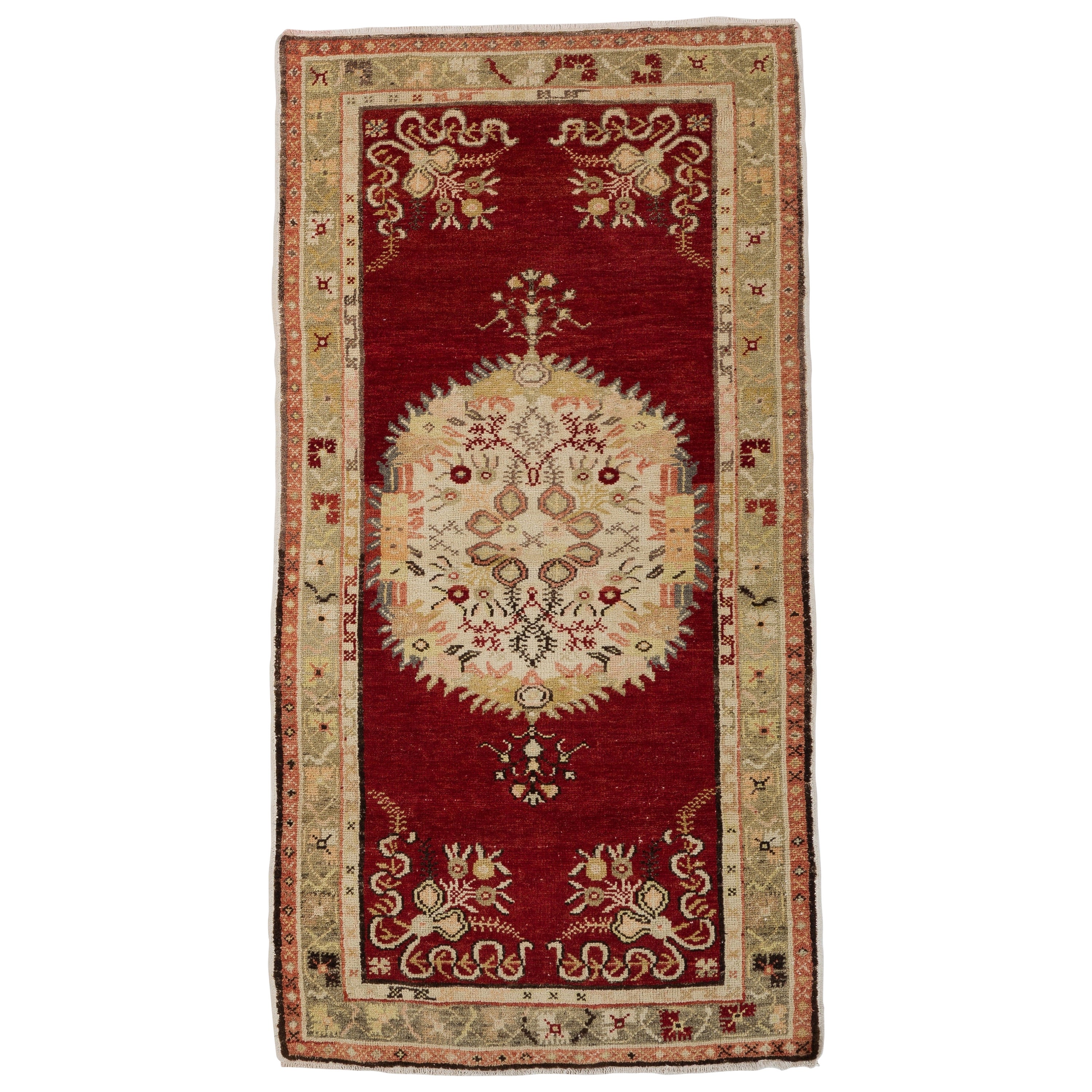 4.3x6.6 Ft One-of-a-Kind Vintage Handmade Turkish Accent Rug in Red & Ivory For Sale