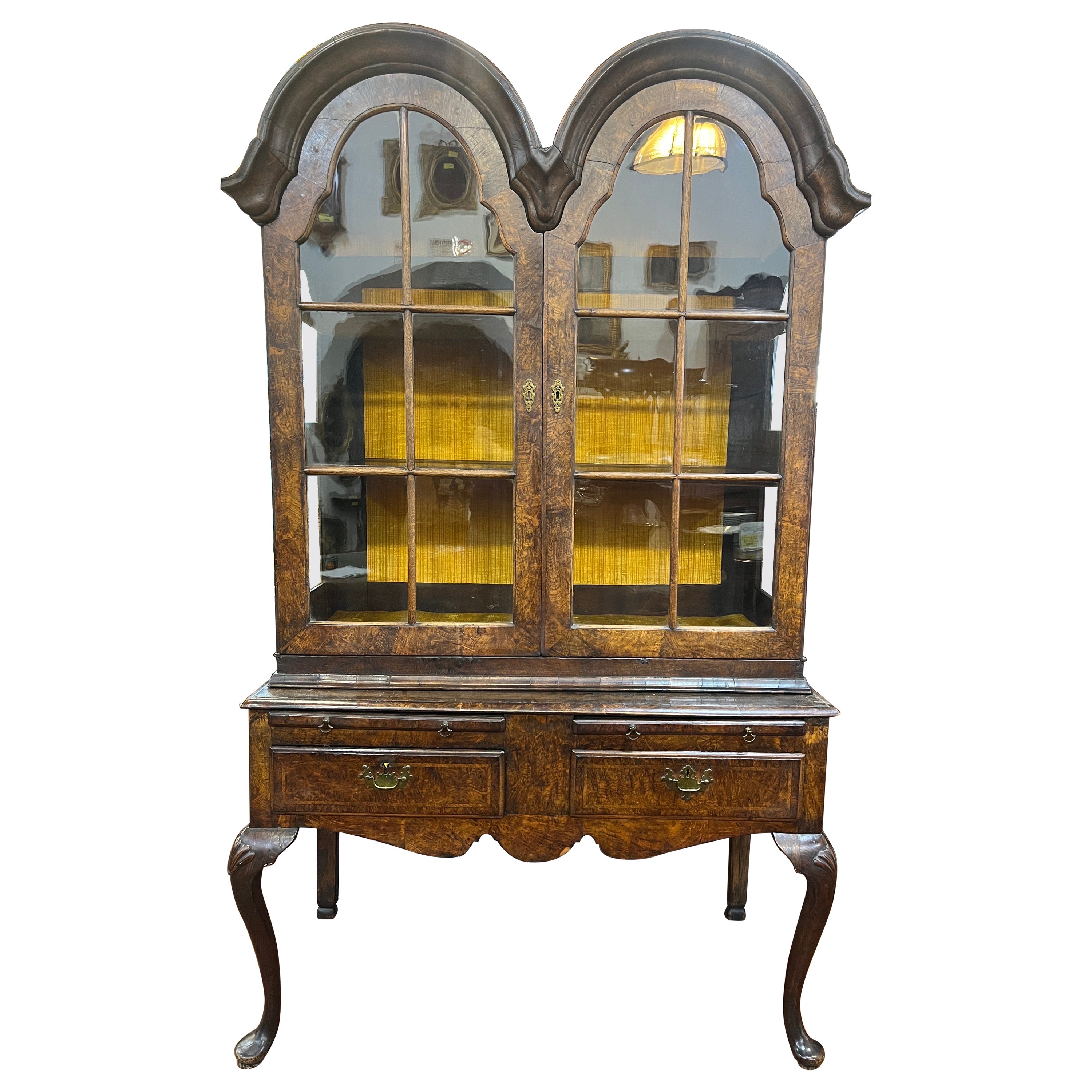18th Century English Queen Anne Oak Walnut Display Cabinet Double Dome Vitrine  For Sale