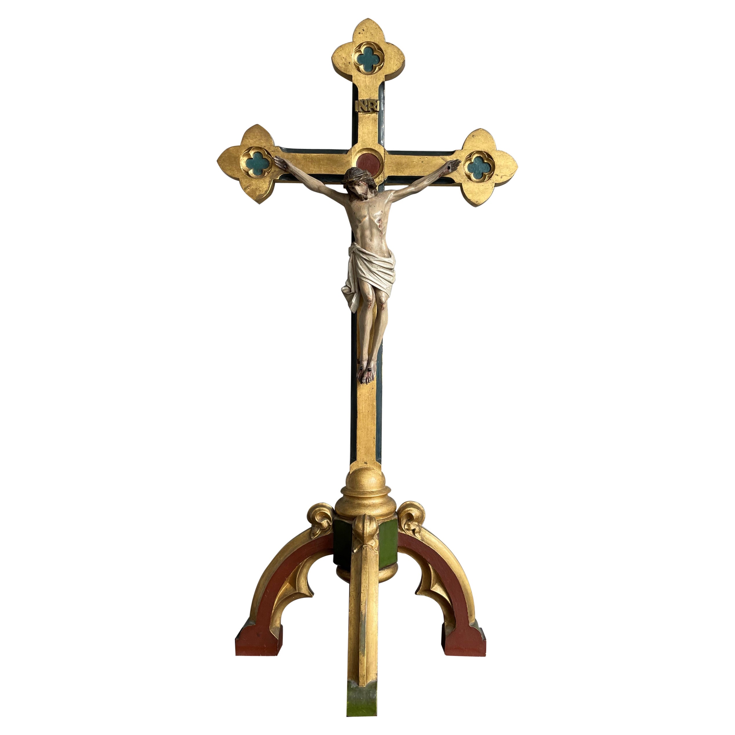 Antique Gothic Altar Table Crucifix W. Hand Carved Gilt Cross & Corpus of Christ For Sale
