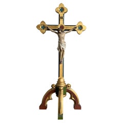 Retro Gothic Altar Table Crucifix W. Hand Carved Gilt Cross & Corpus of Christ