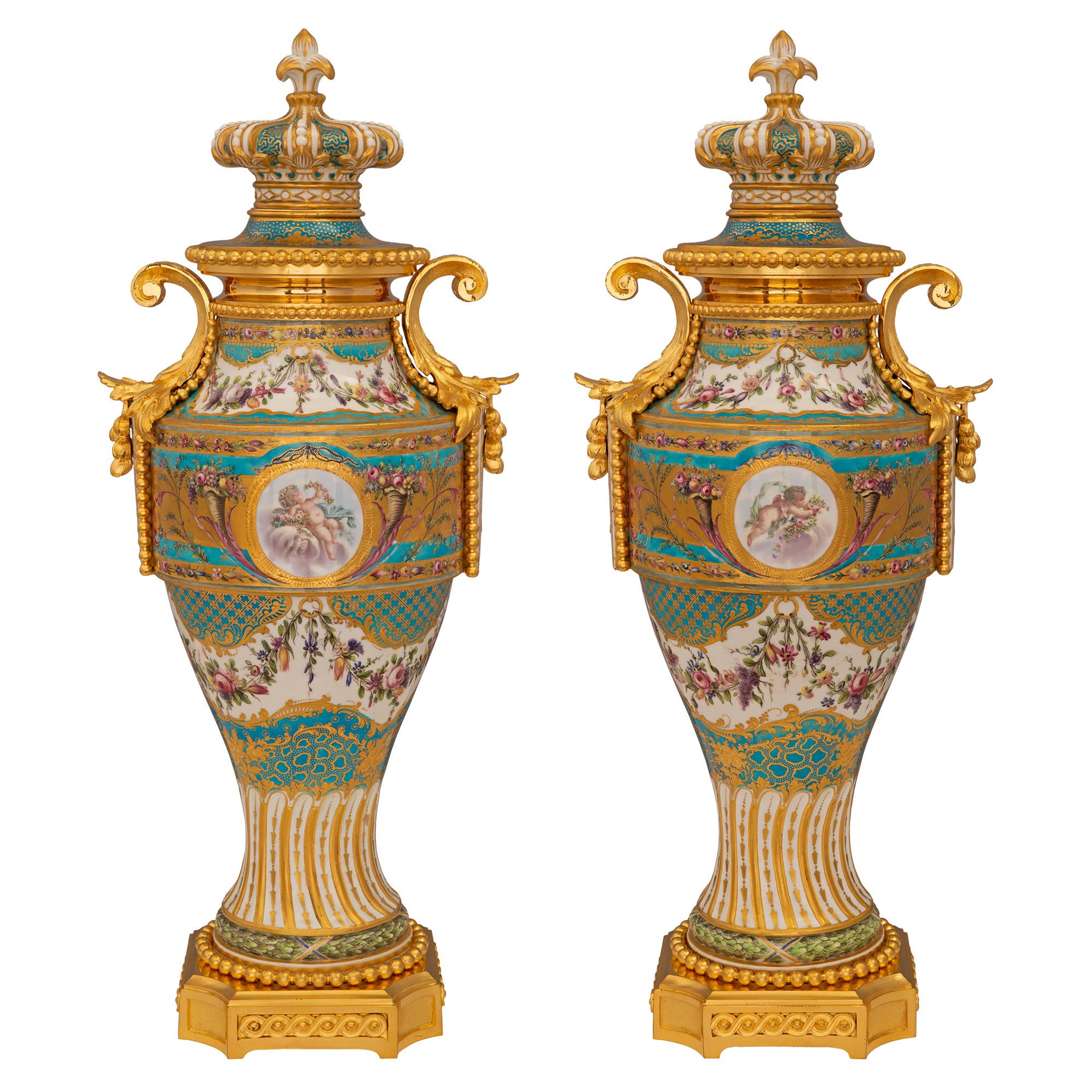 Pair of French 19th Century Louis XVI St. Sèvres Porcelain & Ormolu Lidded Urns For Sale