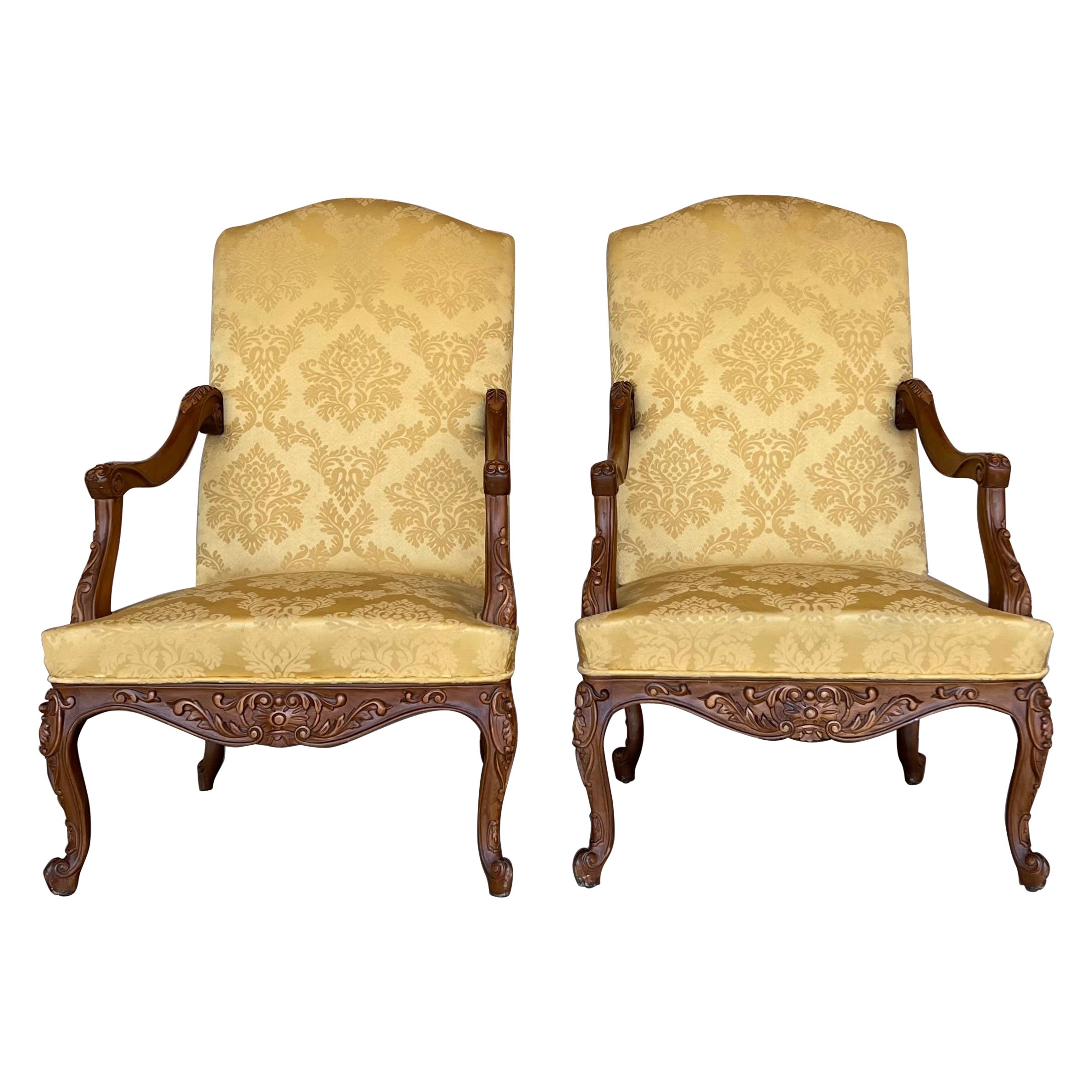 Louis XVI Style Spanish Pair of High Back Carved Walnut Armchairs, 1900s