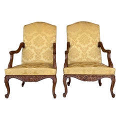 Louis XVI Style Spanish Pair of High Back Carved Walnut Armchairs, 1900s