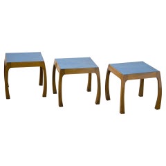 Harvey Probber Side Tables in Blue Enameled Copper and Mahogany 1960s