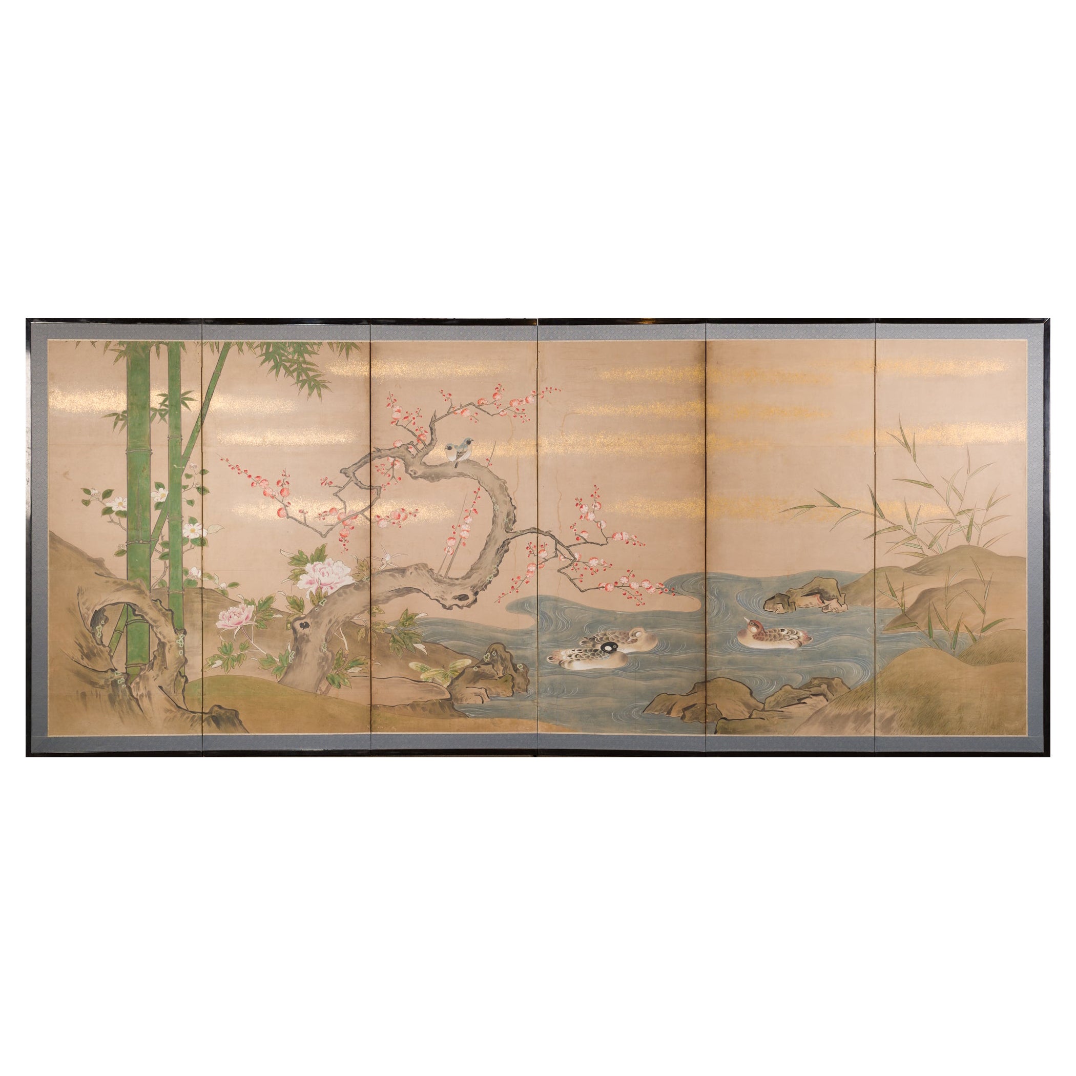 Japanese Six Panel Screen: Ducks at Water’s Edge For Sale