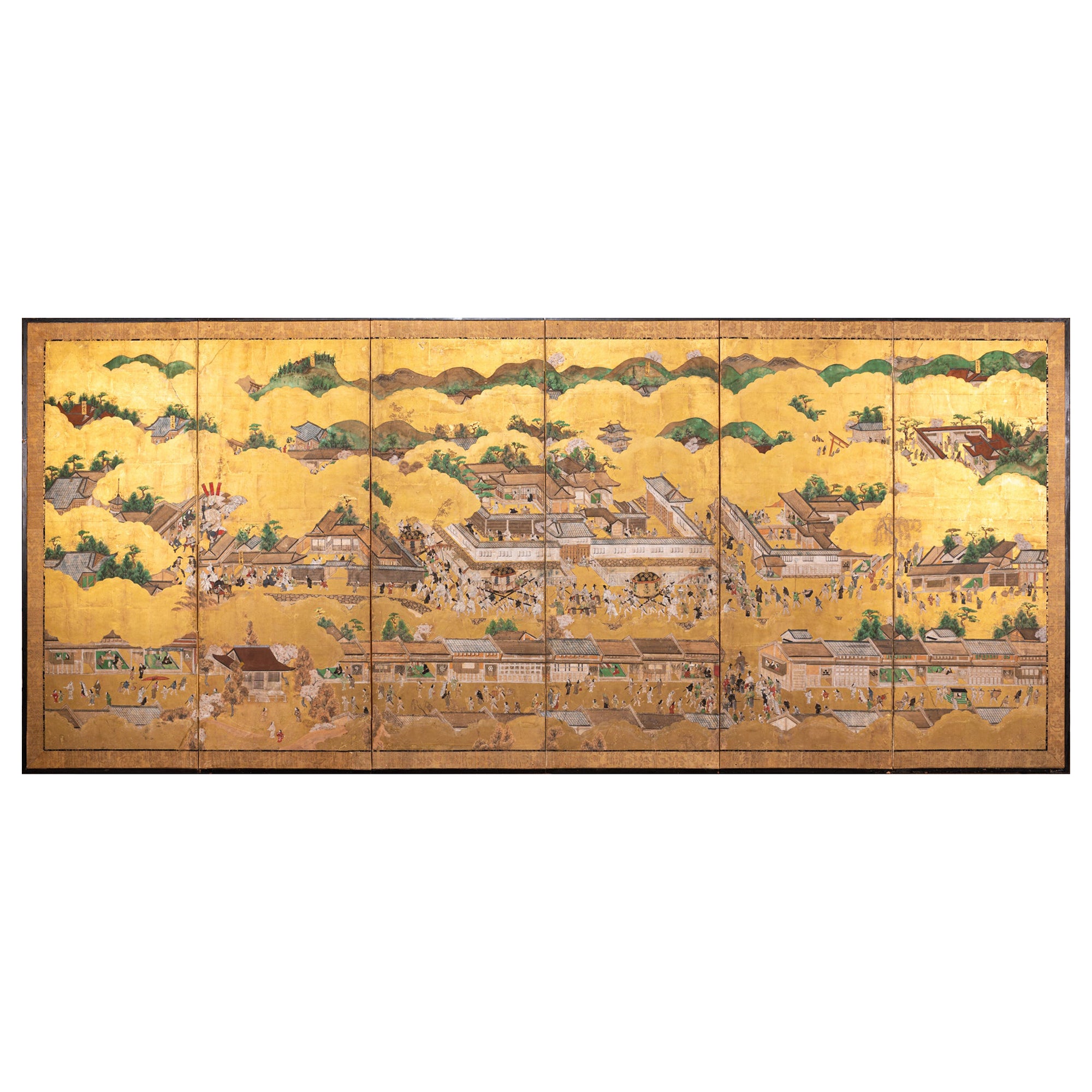 Paravent japonais à six panneaux : Scènes de Kyoto et d'entourage, 'Rakuchu Rakugai-Zu' en vente