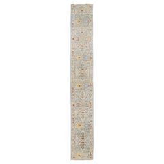 Modern Mahal Handmade Blue Wool Runner with Floral Motif