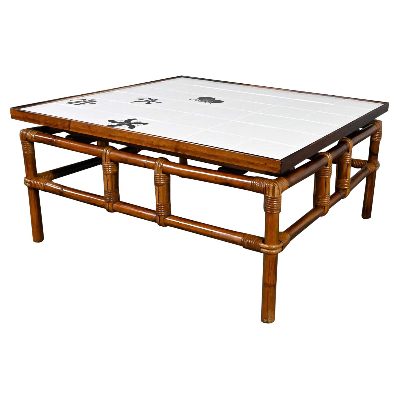 Table basse en rotin Campaign Ficks Reed Far Horizons avec plateau en toile par John Wisner en vente