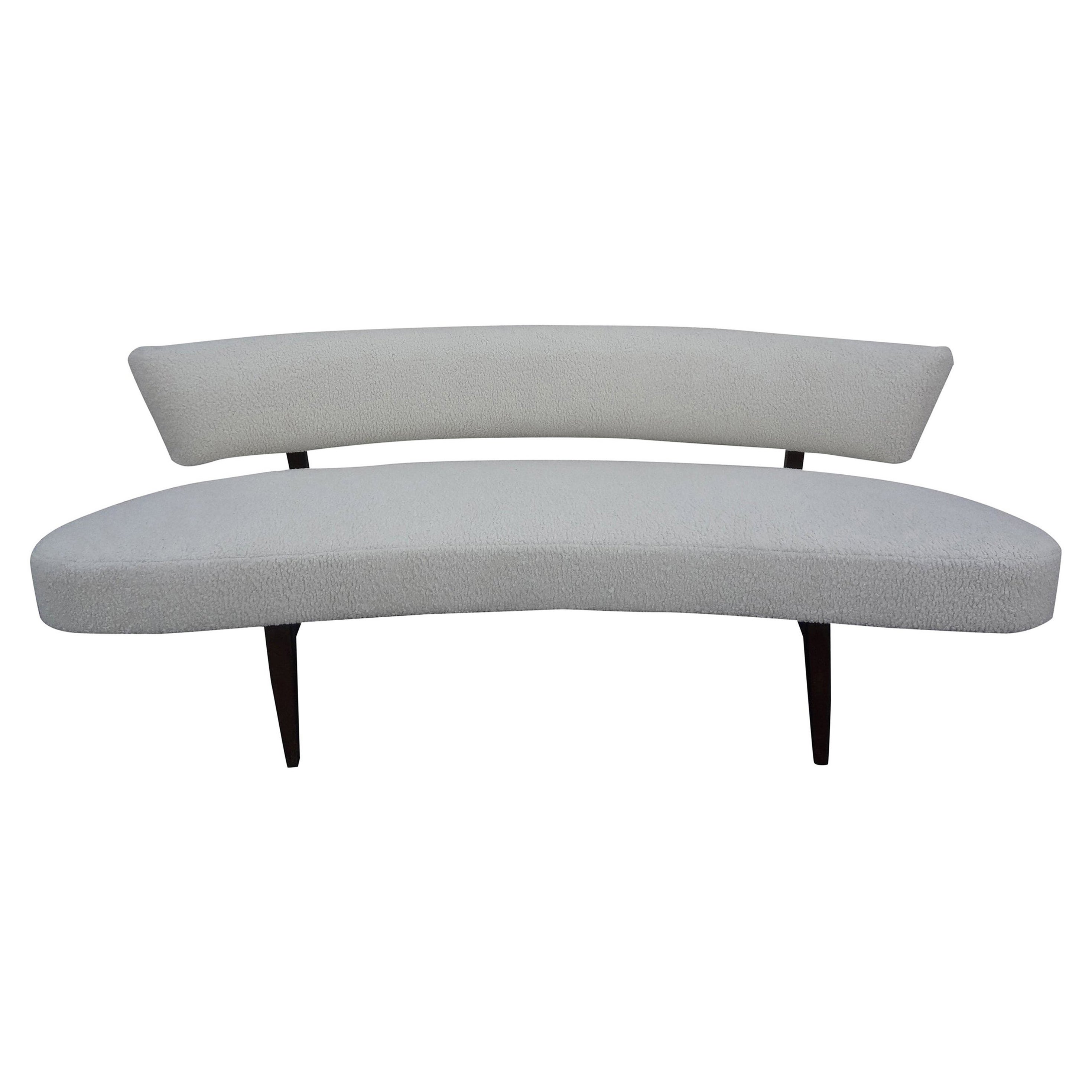 Mid-Century Modern Curved Floating Sofa Upholstered in White Bouclé