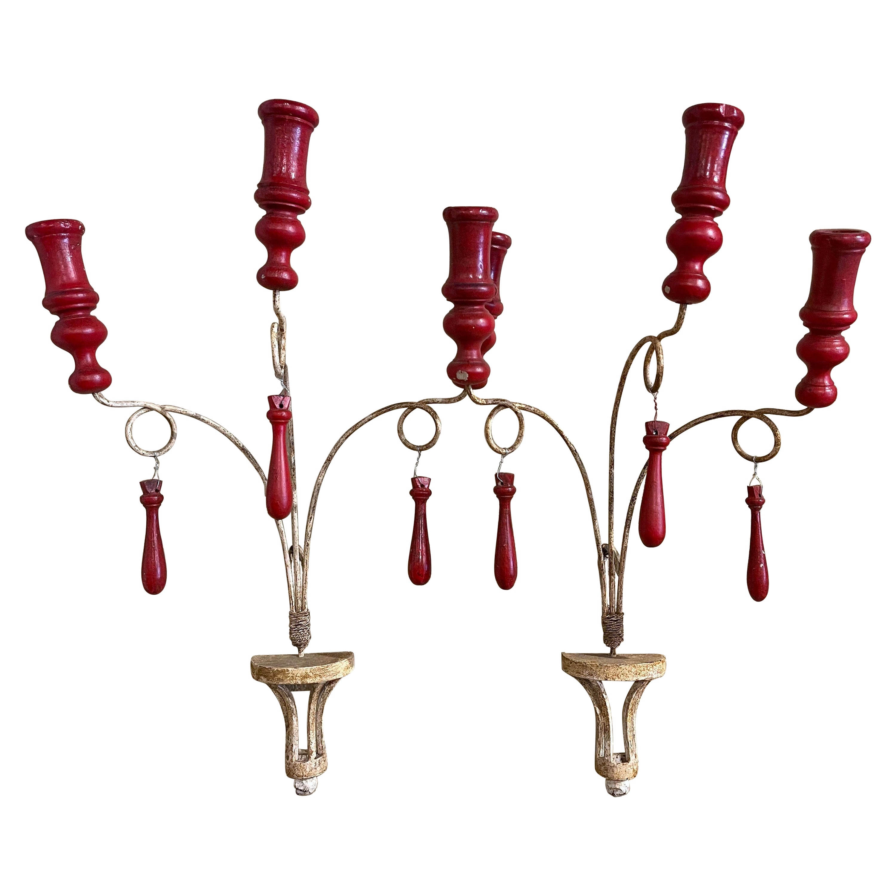 Pair of Mid-Century French Painted Iron & Carved Wood Three-Light Candle Holders