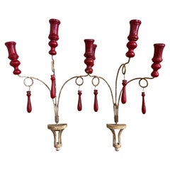 Retro Pair of Mid-Century French Painted Iron & Carved Wood Three-Light Candle Holders