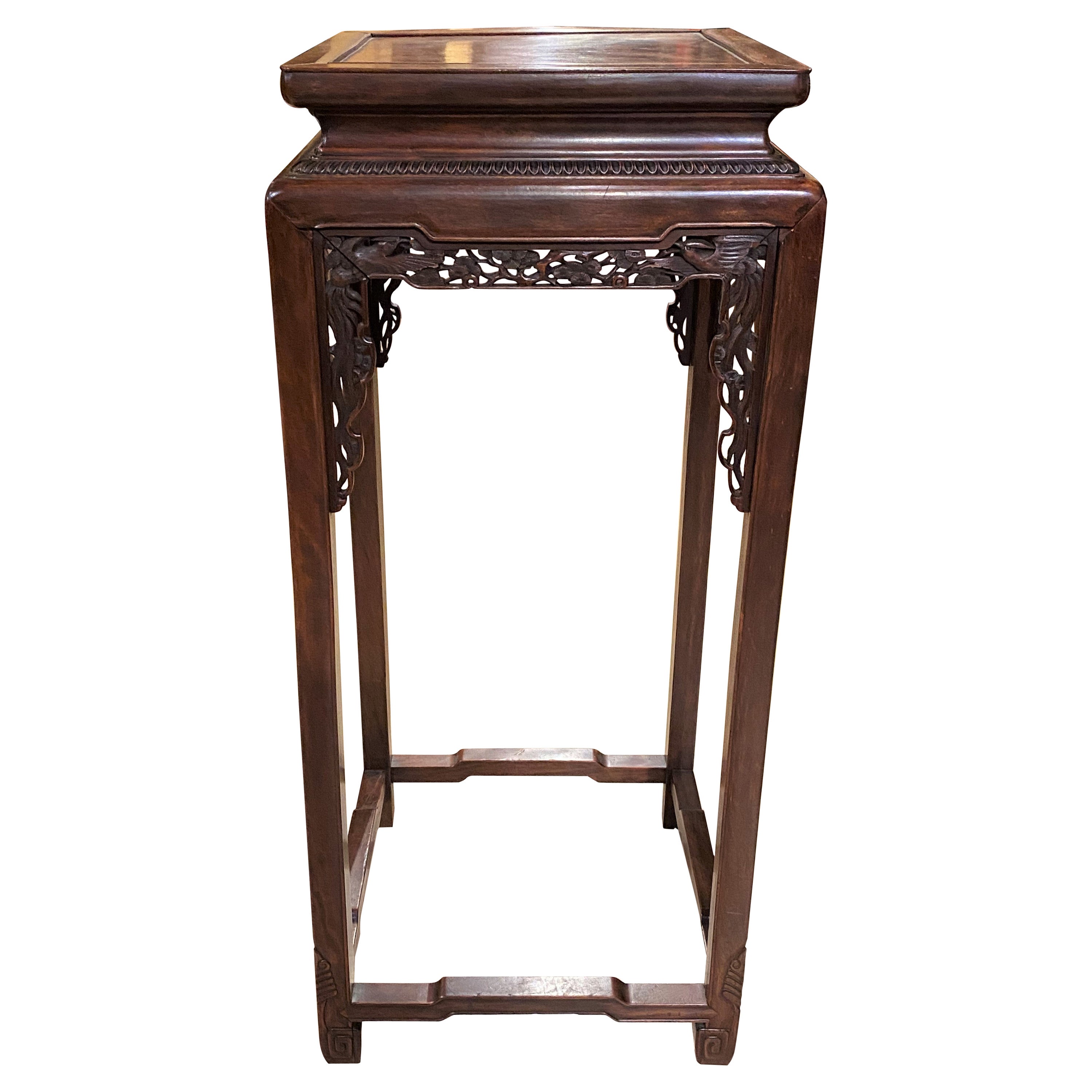 Early 20th C Tall Chinese Hardwood Side Table with Carved Bird Decoration For Sale