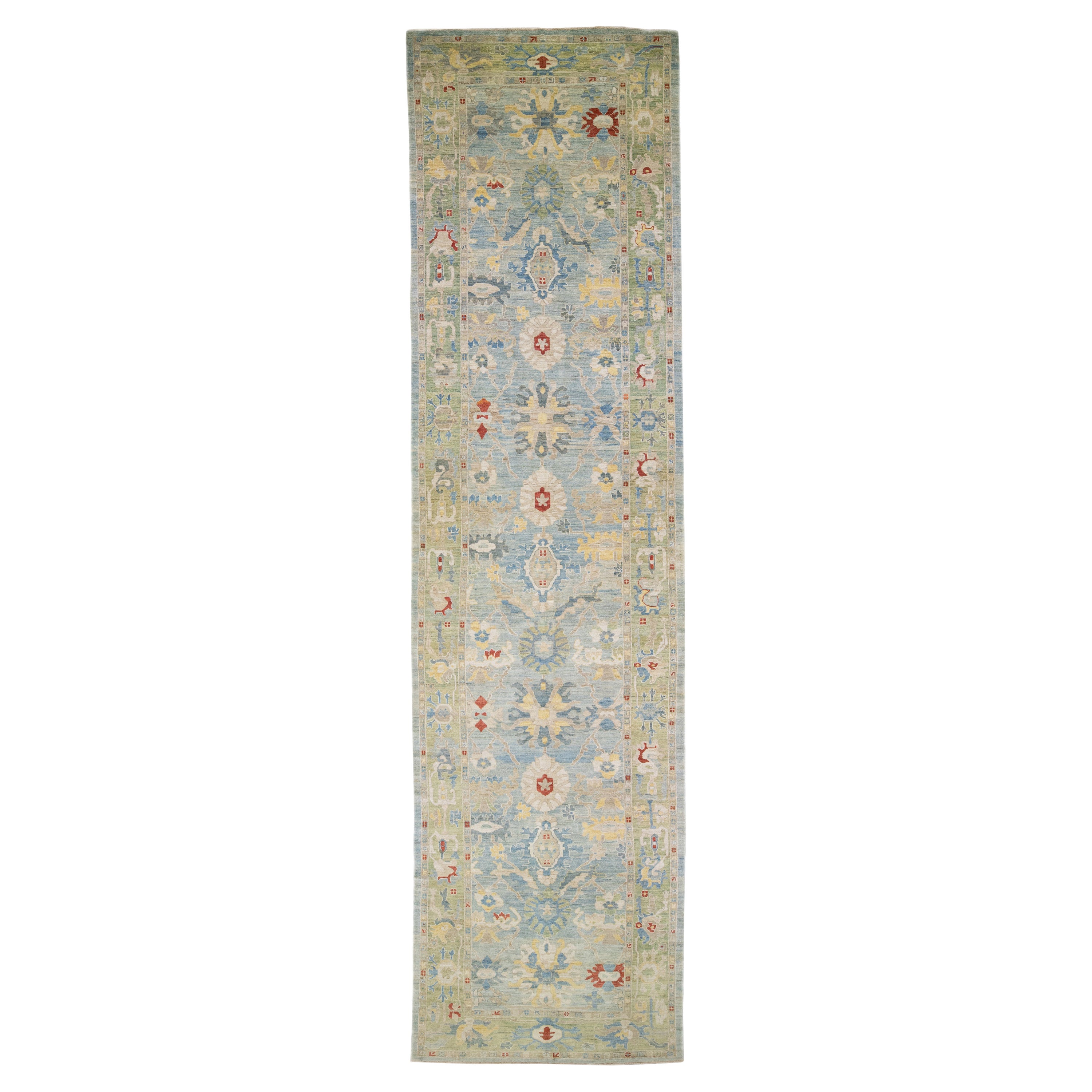 Contemporary Mahal Blue Handmade Wool Runner with Floral Design