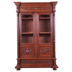 Antique French Renaissance Revival Carved Oak Bibliotheque Bookcase Cabinet