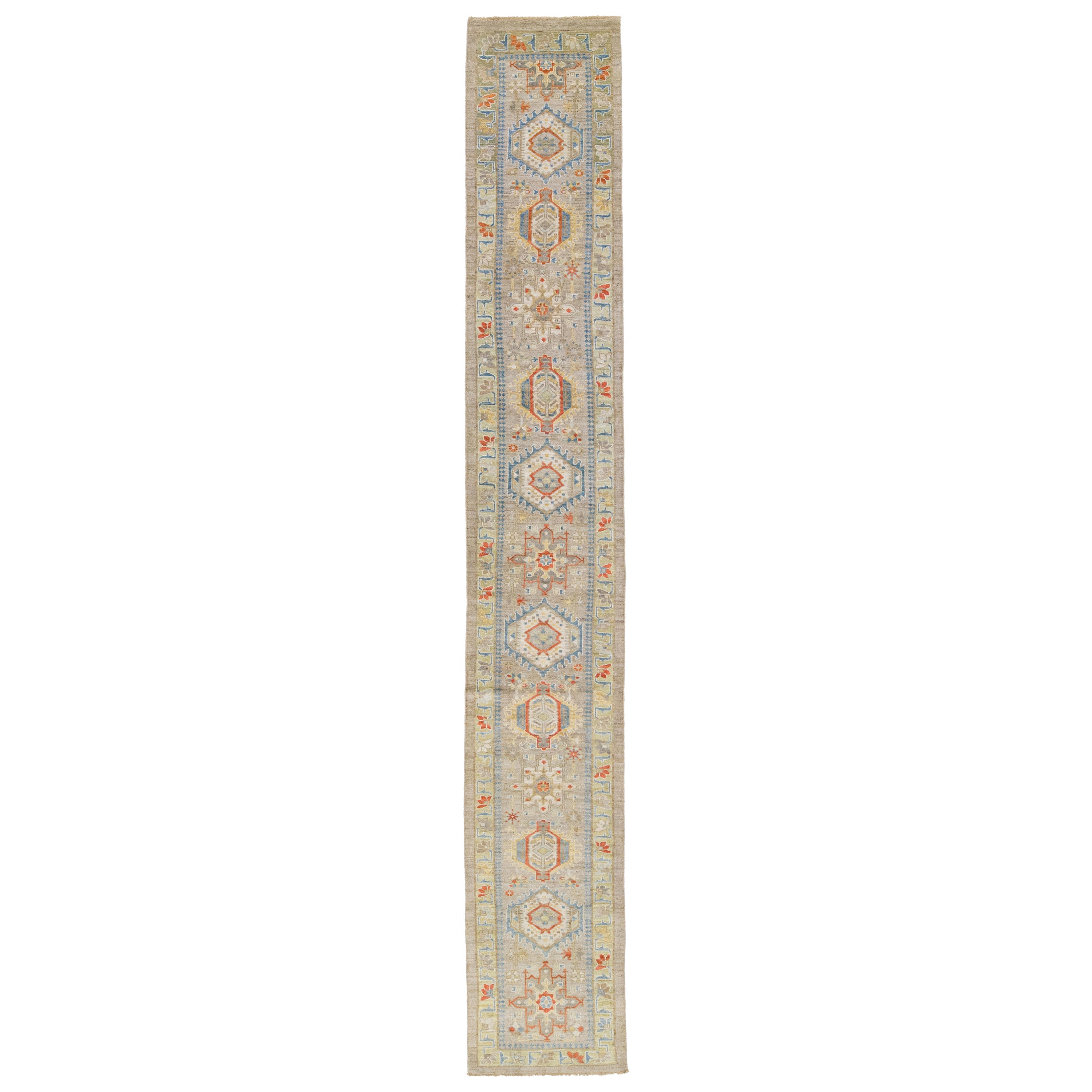 Contemporary Heriz Handmade Wool Runner with Multicolor Floral Design For Sale