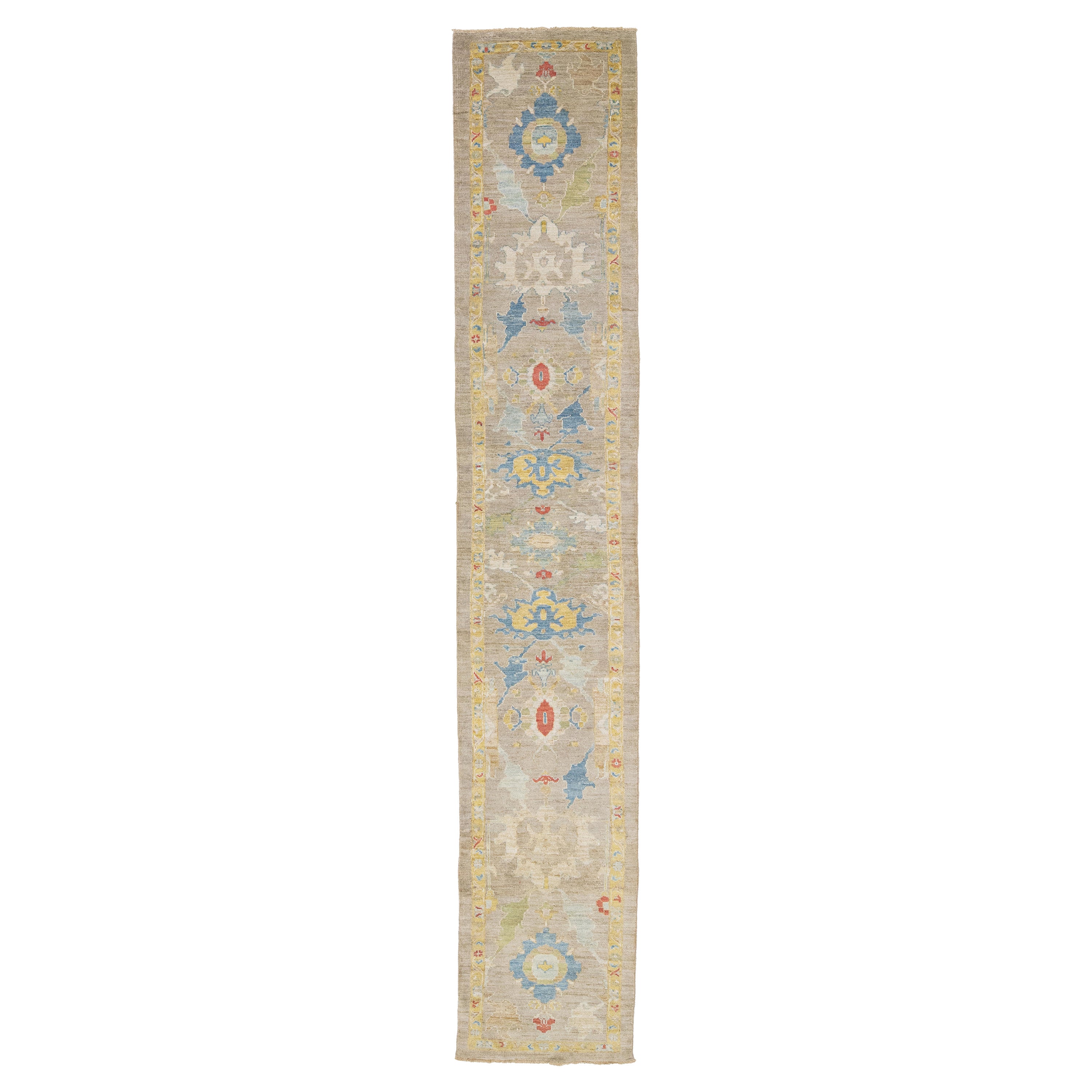 Brown Contemporary Mahal Handmade Floral Wool Runner  For Sale