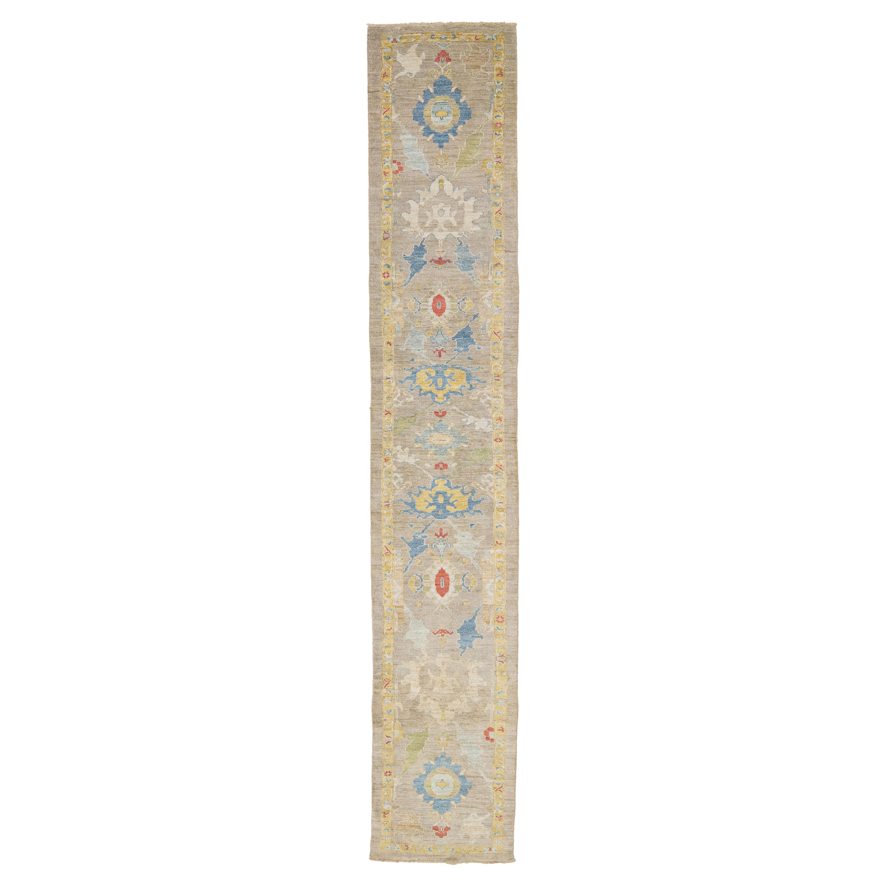 Brauner zeitgenössischer Mahal-Läufer aus geblümter Wolle mit Blumenmuster