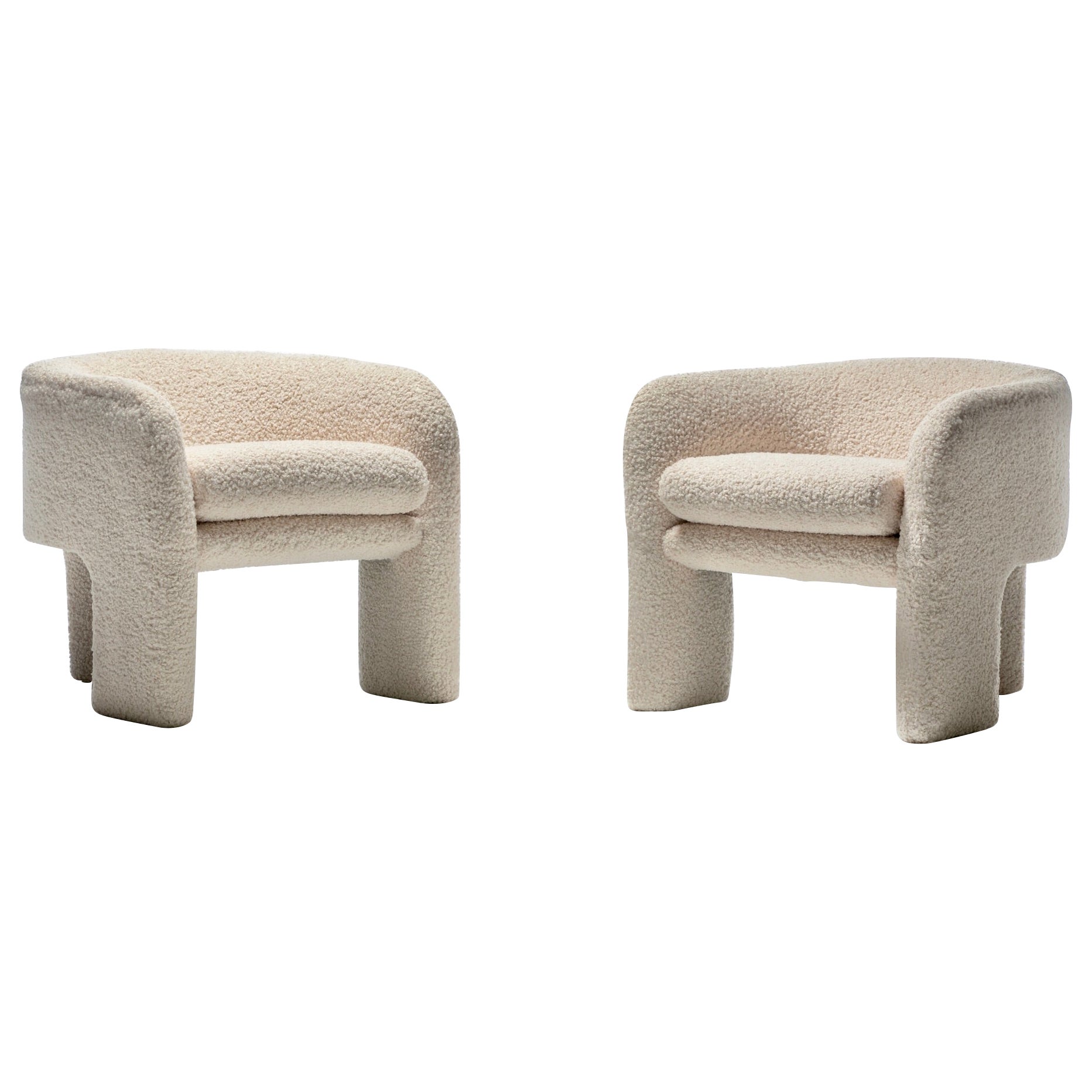 Postmoderne Post-Modern-Sessel mit drei Beinen, neu gepolstert in elfenbeinfarbenem Boucl, Paar 