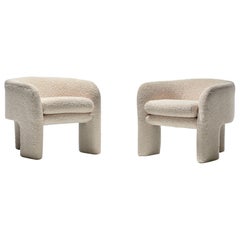 Pair of Preview Tri Leg Post Modern Armchairs Newly Upholstered in Ivory Bouclé 