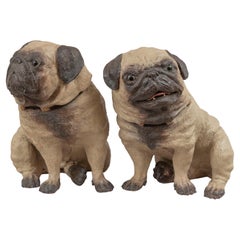 Used Pair of Cold Painted Austrian Life Size Terracotta Pug Dogs, ca. 1890