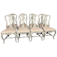 Antique Swedish Rococo Lime Washed Queen Anne Style Dining Chairs, Set of 8