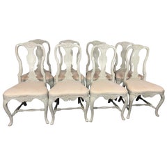 Antique 19thC Swedish Rococo Lime Washed Queen Anne Dining Chairs, Set of 8