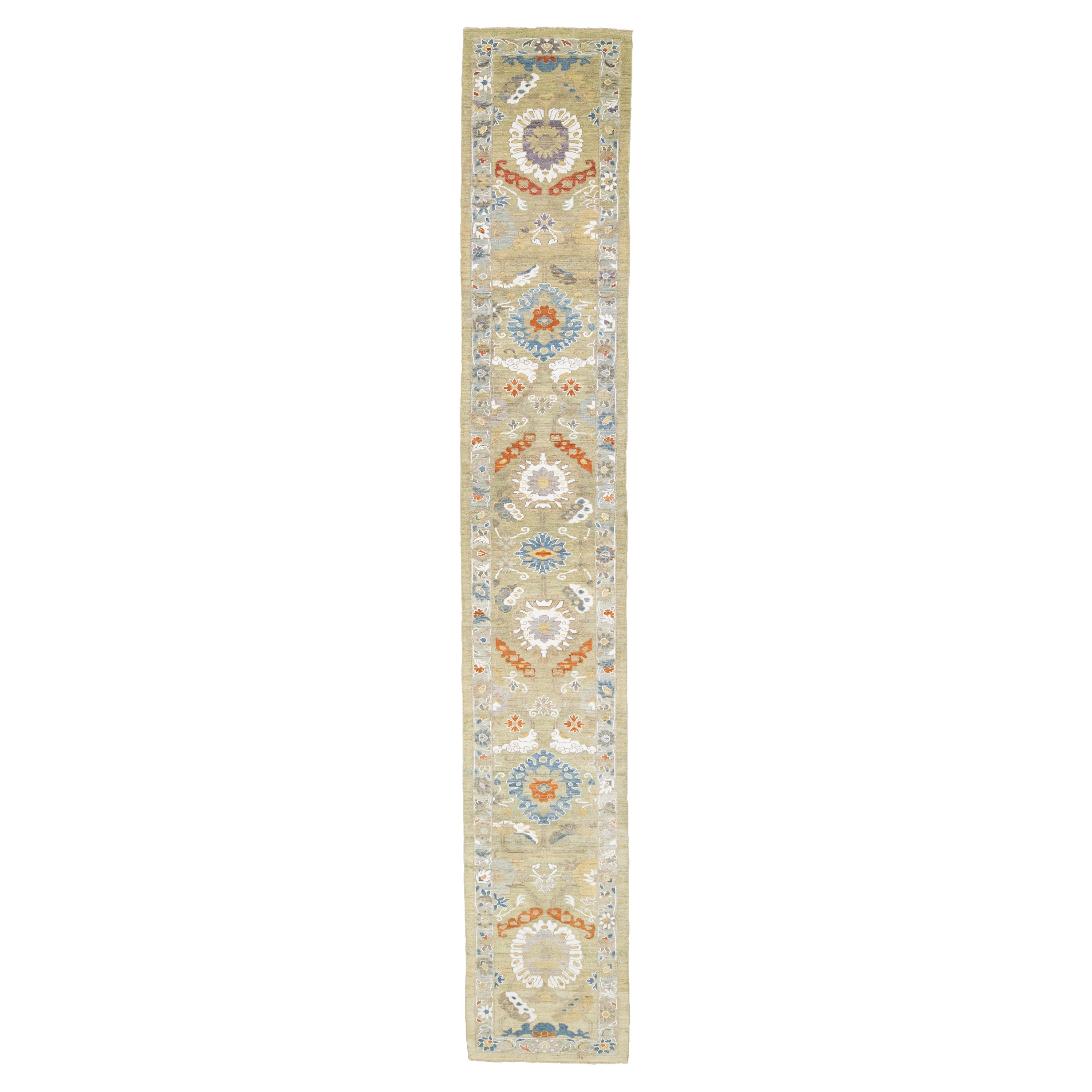 Contemporary Mahal Handmade Beige Wool Runner With Floral Design For Sale