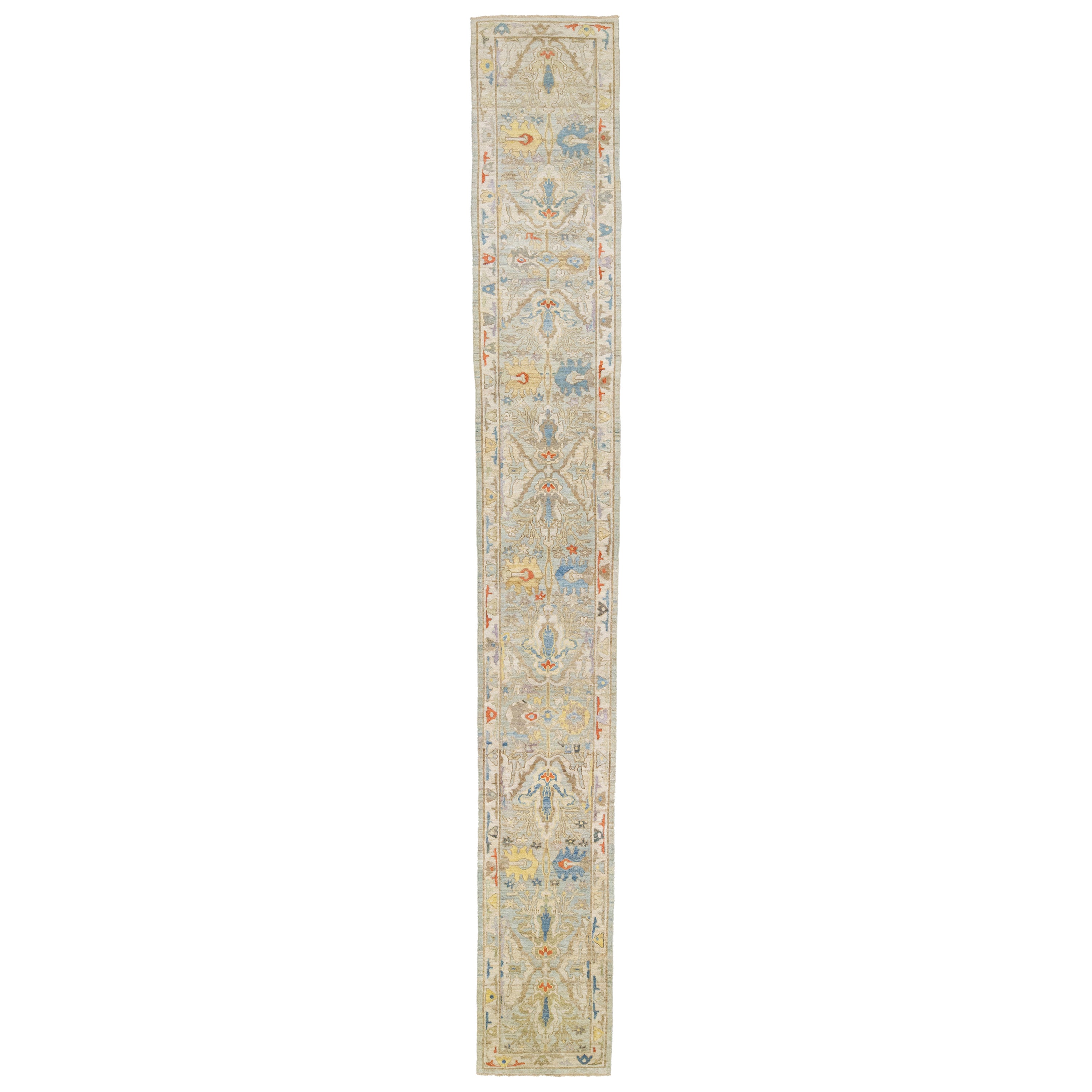 Blue Contemporary Mahal Handmade Wool Runner with Floral Motif For Sale