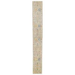 Blue Contemporary Mahal Handmade Wool Runner with Floral Motif
