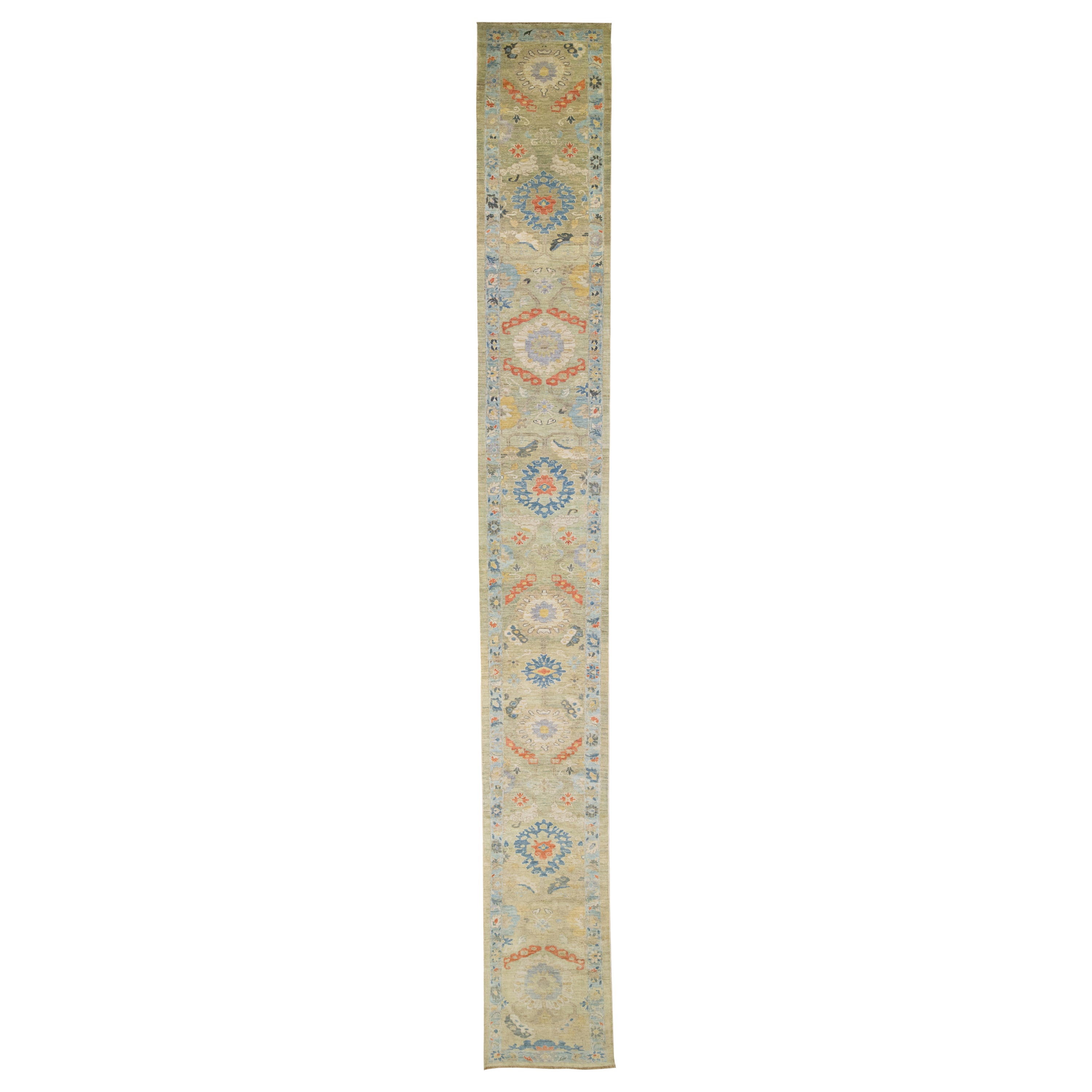 Contemporary Mahal Handmade Multicolor Floral Designed Long Wool Runner  For Sale
