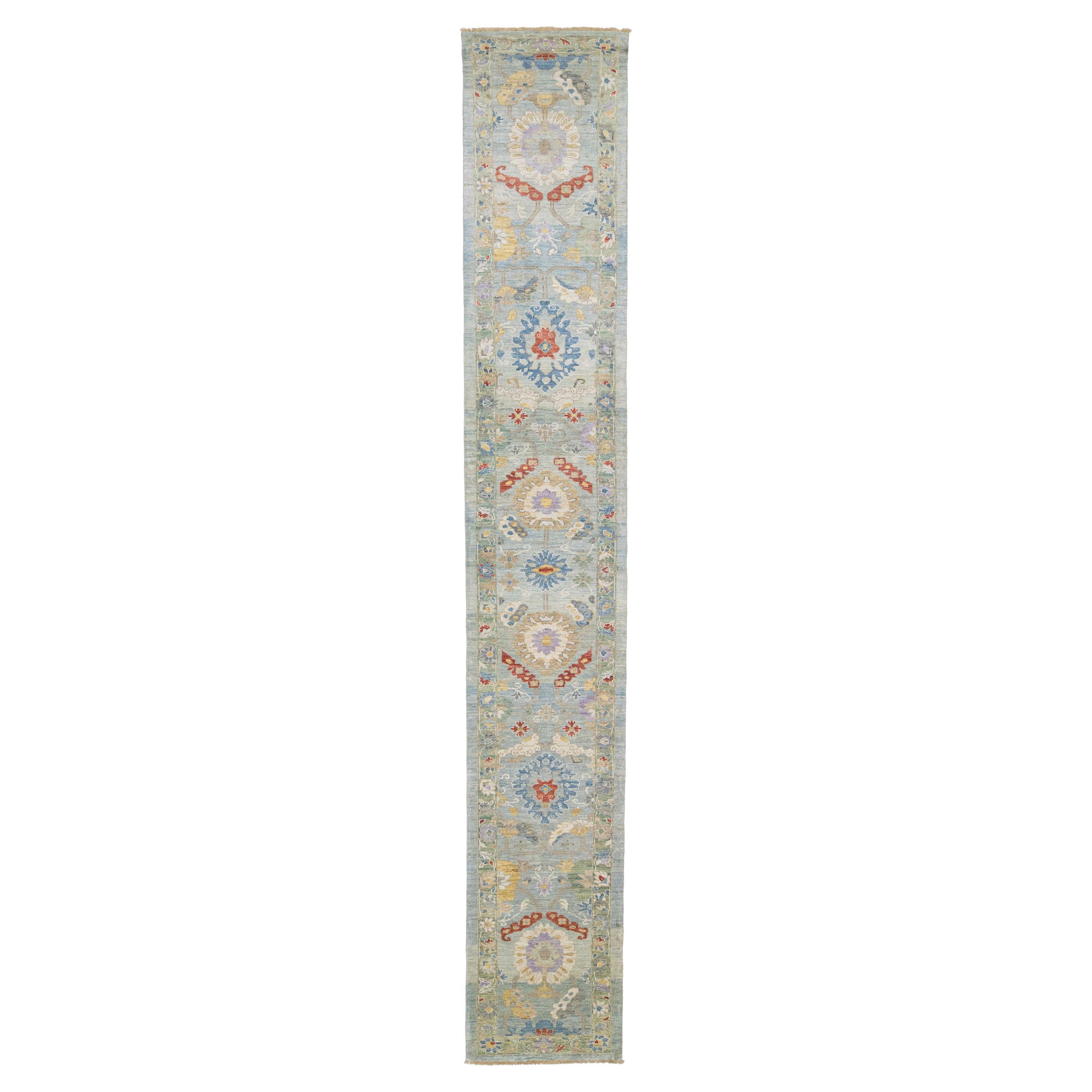 Modern Mahal Handmade Floral Blue And Green Wool Runner For Sale