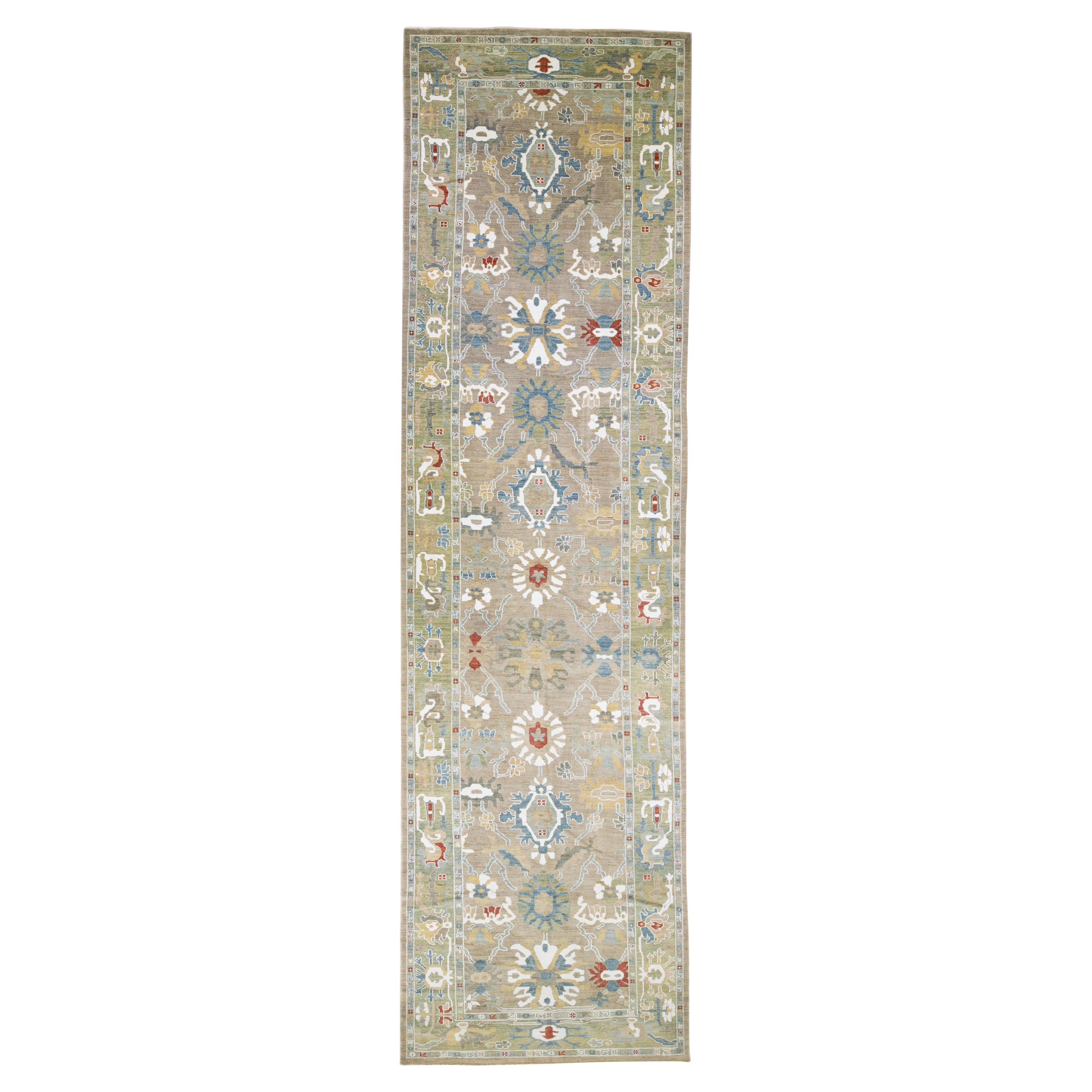Modern Mahal Handmade Floral Brown and Green Wool Runner For Sale