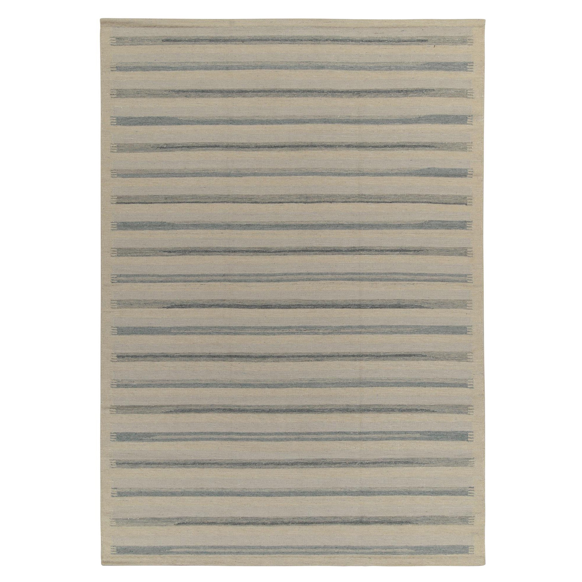 Rug & Kilim’s Scandinavian Style Kilim in Off-White, Blue and Gray Stripes For Sale