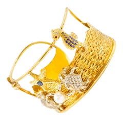 Fine Custom 18k Gold Cuff Bracelet with Ocean Sea-Life Theme by Mariano