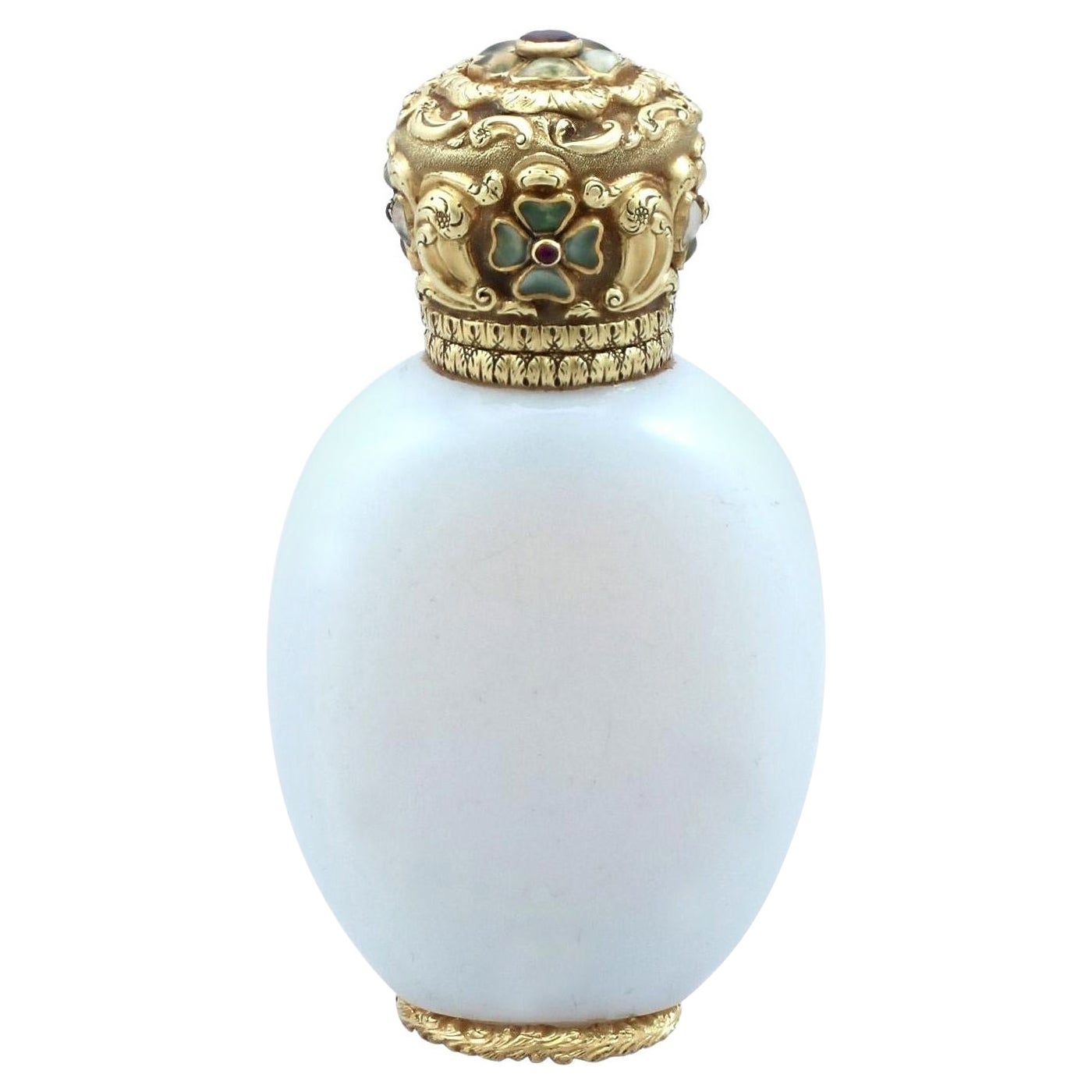 Bouteille à parfum ancienne en or jaune, grenat, rubis, pierre dure et verre, datant d'environ 1845