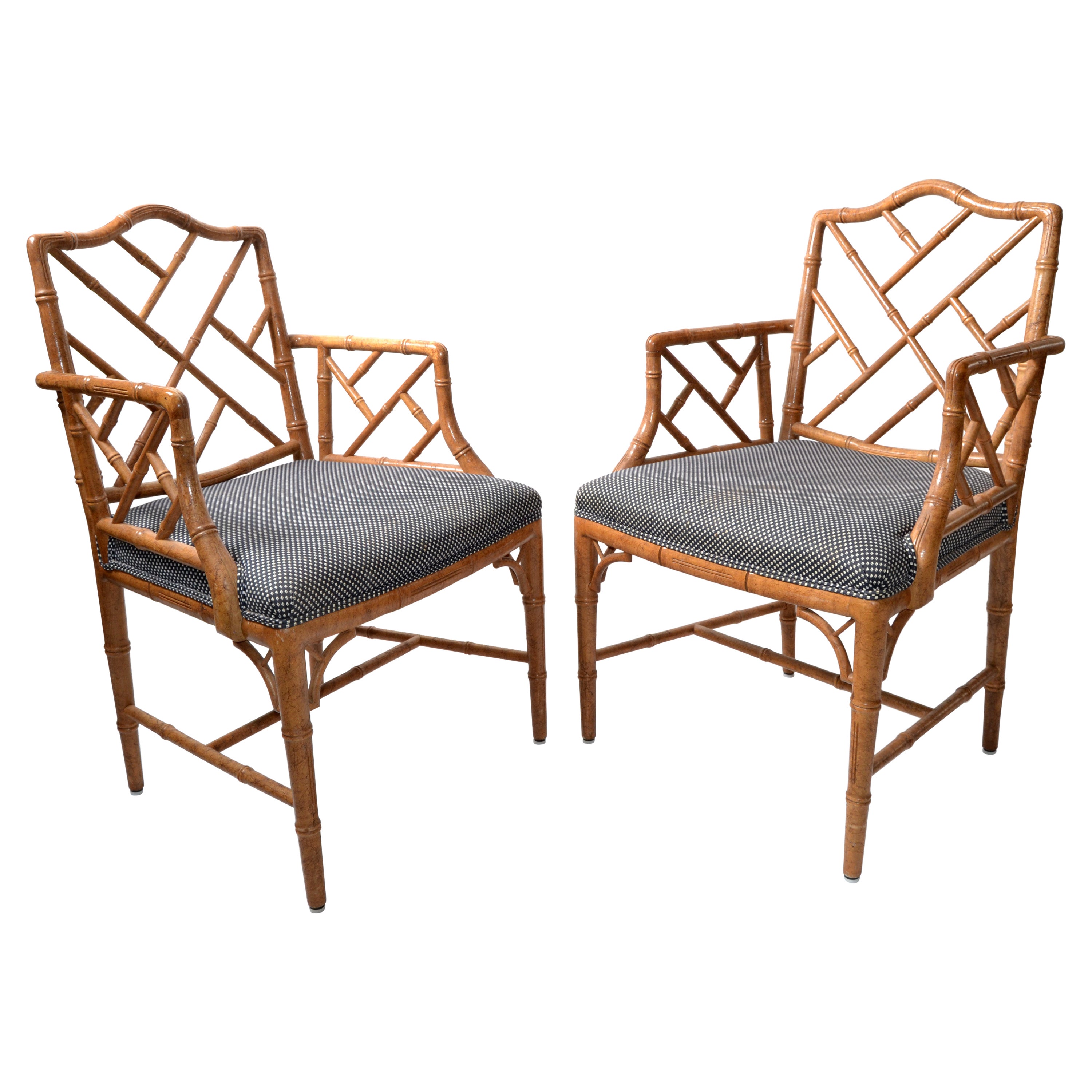 Pair, Faux Bamboo Chinese Chippendale Armchairs Fabric Upholstery McGuire Style