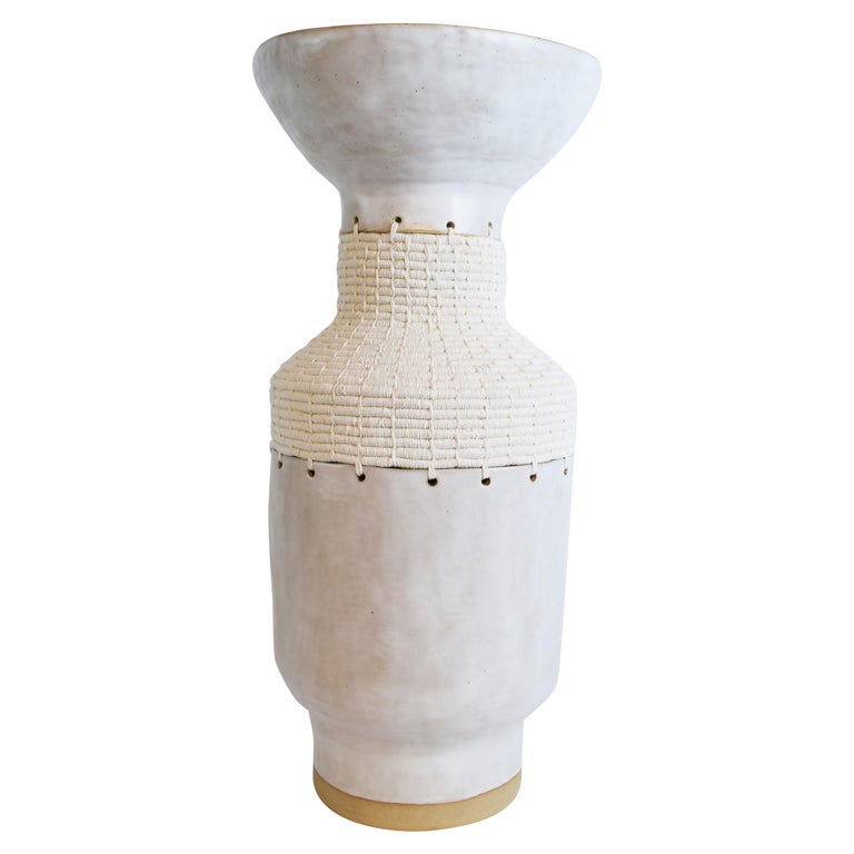 One of a Kind Vessel #751 - Hand Formed Satin White Ceramic and Woven Cotton  -  For Sale
