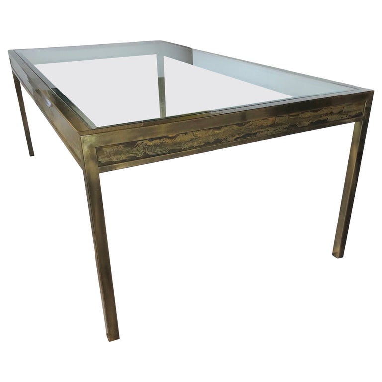 Modern Dining Table with Acid Etched Brass Panels by Bernhard Rohne Mastercraft For Sale