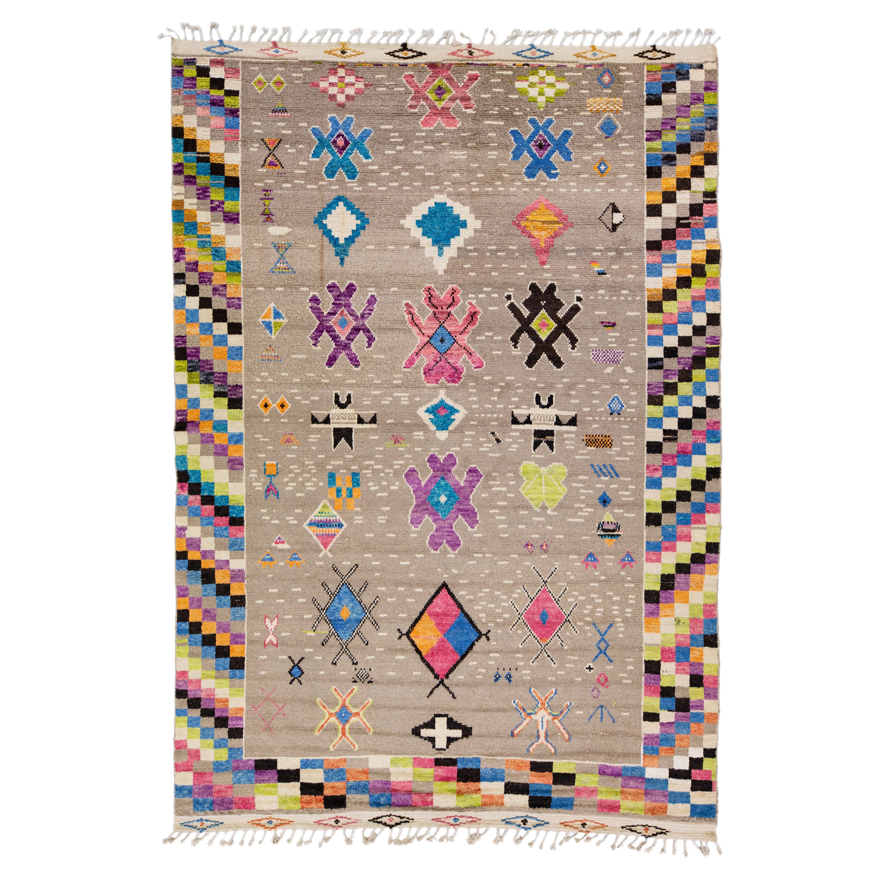 Modern Moroccan Style Handmade Multicolor Designed Room Size Wool Rug For Sale
