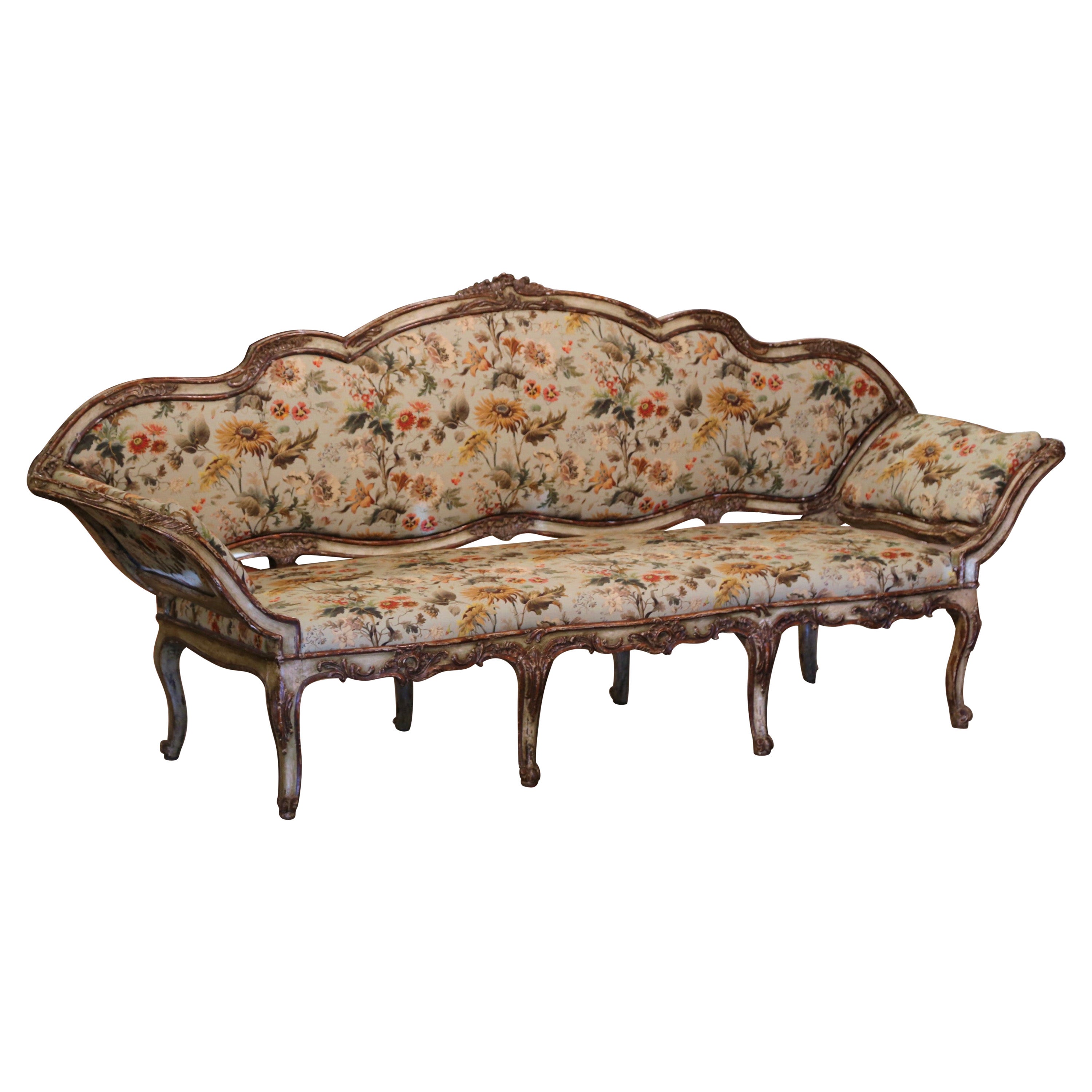 18th Century Italian Louis XV Carved Painted Eight, Leg Upholstered Canape For Sale