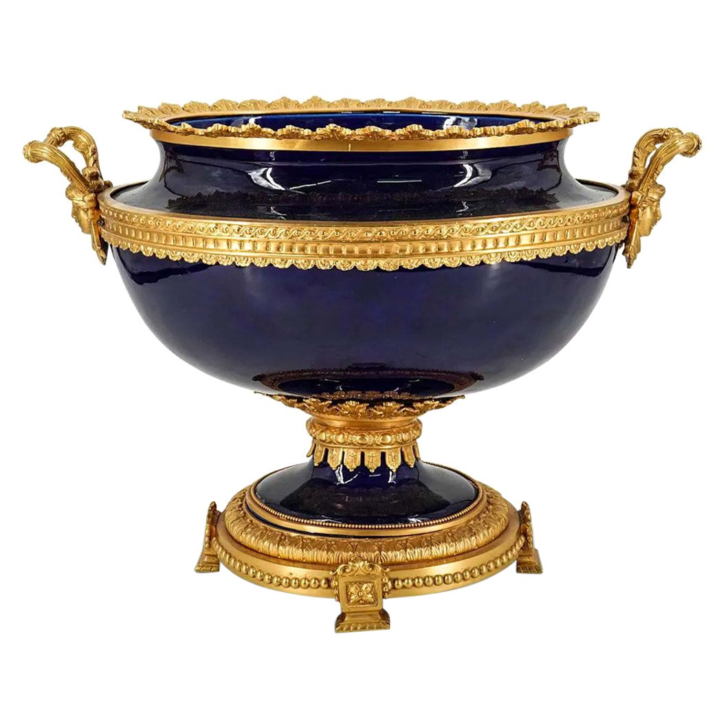 French 19 Century Sevres Style Cobalt Blue Porcelain and Bronze Centerpiece