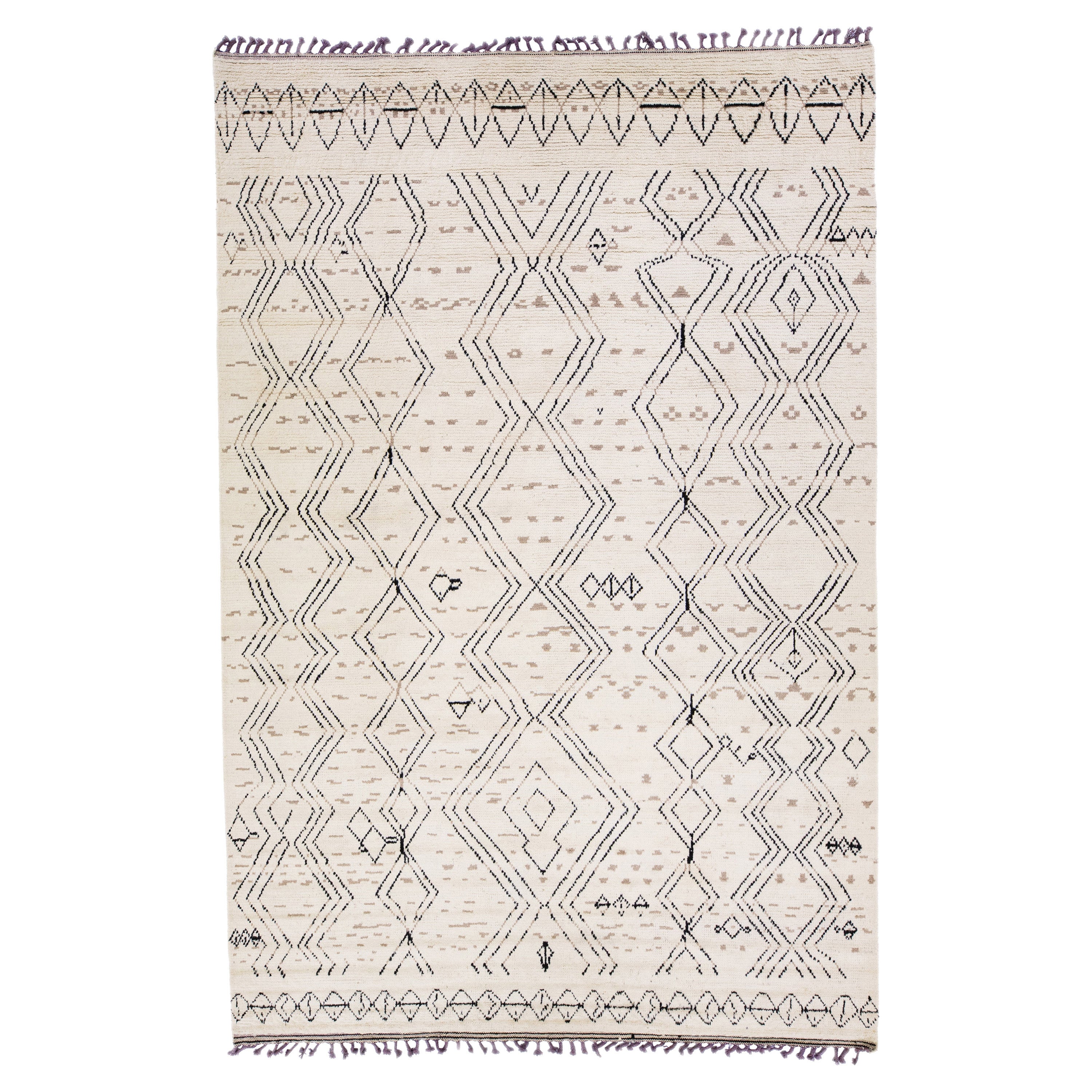 Contemporary Moroccan Style Handmade Ivory Wool Rug With Tribal Design For Sale