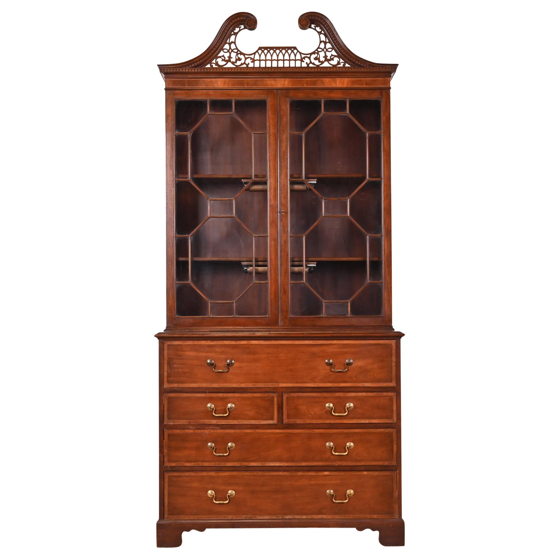 Baker Furniture Chippendale Mahogany Breakfront Bookcase with Secretary Desk