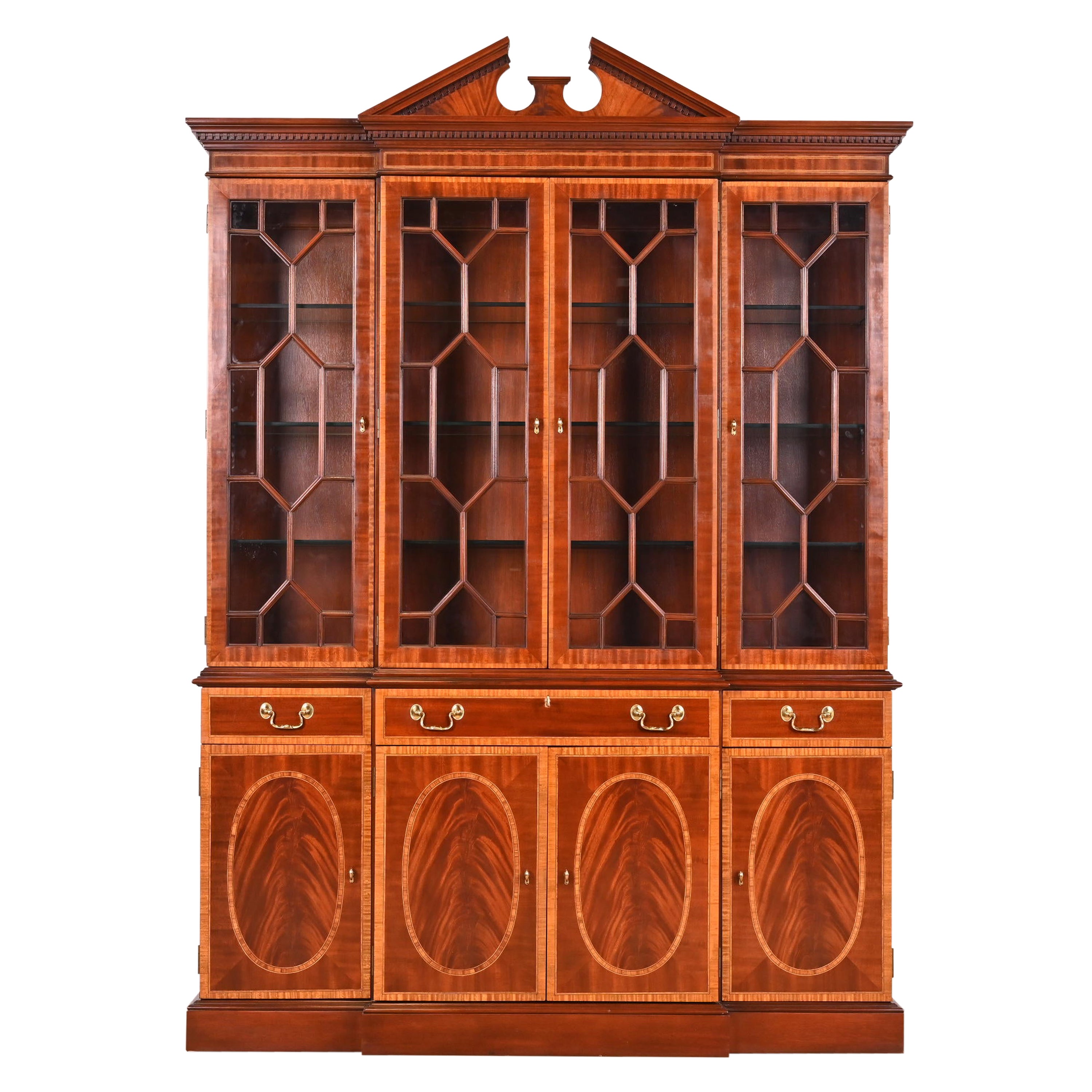 Councill Furniture Georgian Banded Mahogany Breakfront Bookcase Cabinet